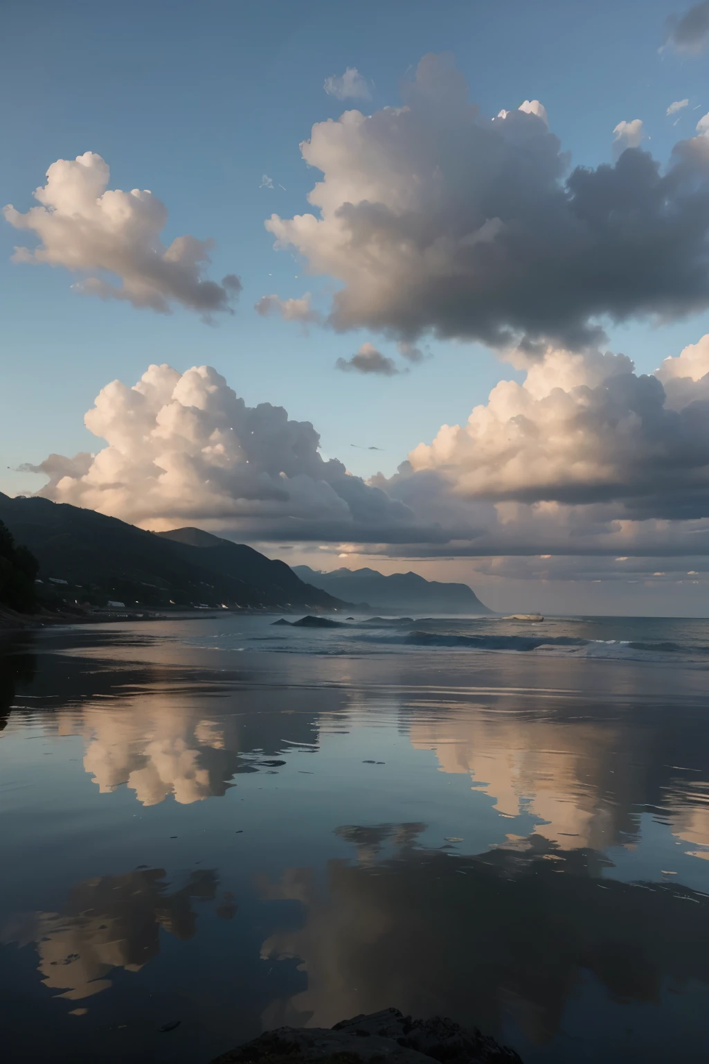 large ocean of still reflective water and big billowing clouds done in the style of Albert Bierstadt
