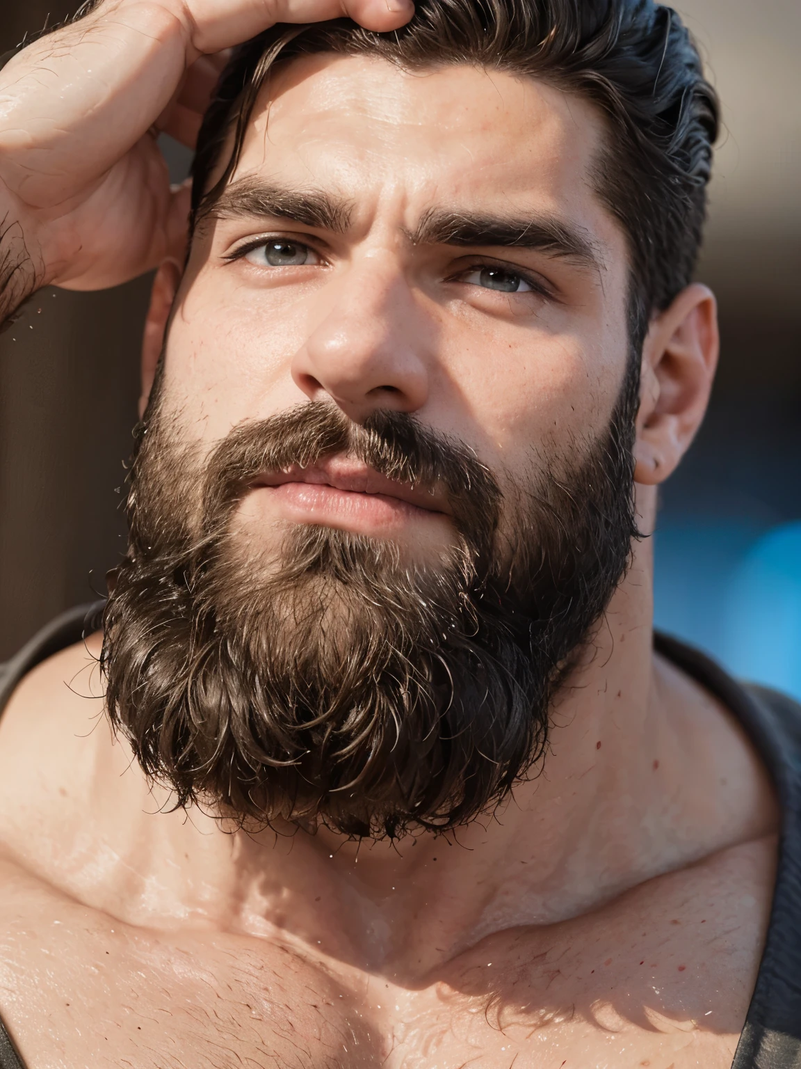 (melhor qualidade,4k,8k,high resolution,obra de arte:1.2),ultra-detalhado, homem musculoso, barbudo, imponente,[olhar intenso],Intimidating presence, terrifying presence,figura masculina,[imponente shadows],Realismo corajoso,hipermasculinidade, macrophilia,extreme detailed description,ombros largos,cabelos escuros,[restolho no queixo],imponente silhouette,cores vivas,pelos corporais,estilo de barba distinto,postura dominante,figura dominante,sharp focus,dominant presence,Unyielding pose,senso de autoridade, vestindo roupas apertadas.