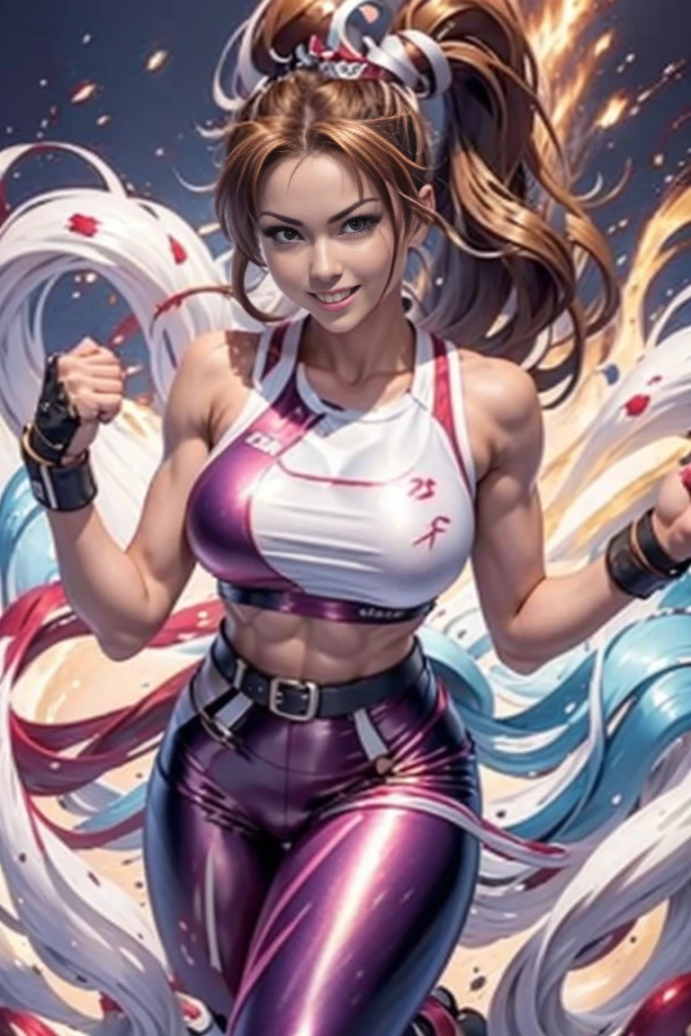 Arafe woman Mai Shiranui solo with ponytail hair、Fighting Game Fighter、Fitness Model、Big breasts about to burst、No exposed skin、Metallic Light Rainbow Combat Suit、thin and long legs,、Fitness Body Shape、half-pants、White belt、Pose ready to fight、Mischievous smile