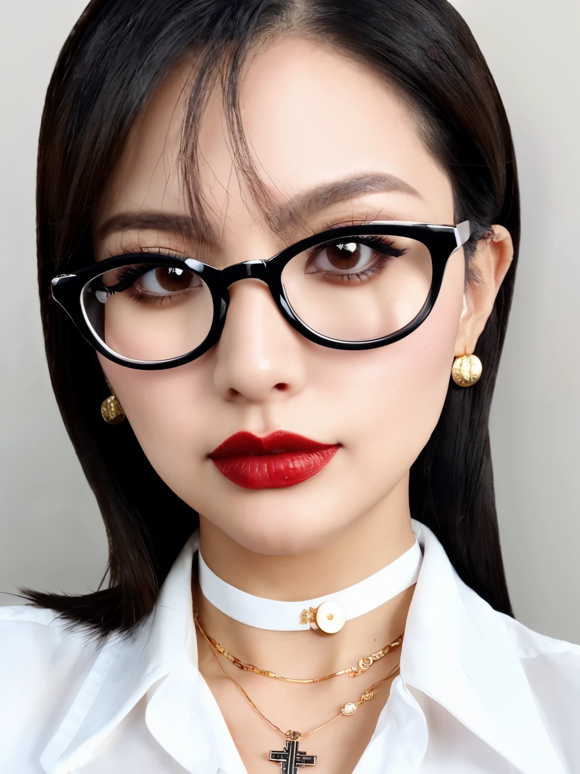 woman sssniperwolf is wearing glasses and choker necklace extreme close up, highly detailed face wearing heavy makeup, (visible pores:0.35), (highly detailed skin:0.3), wearing a white button down shirt, best quality