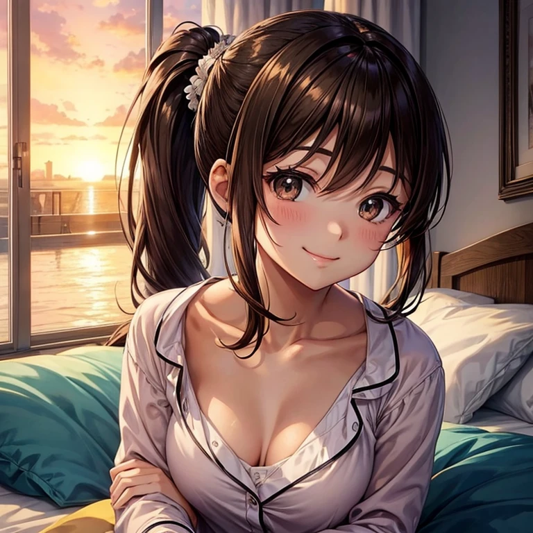 anime、beautiful girl、brown hair、black eyes shine、Change of clothes、morning smile、beautiful breasts、ponytail、sleepy face、pajamas、sunrise