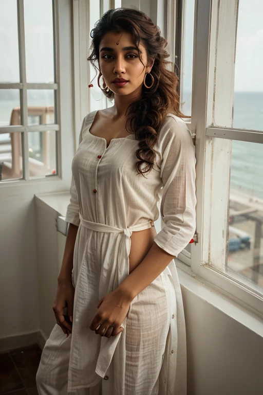 Indian Girl with White Salwar kameez deep neck, Red Lipstick, Curly hair, long Ear ring, standing White window frame with sea view
