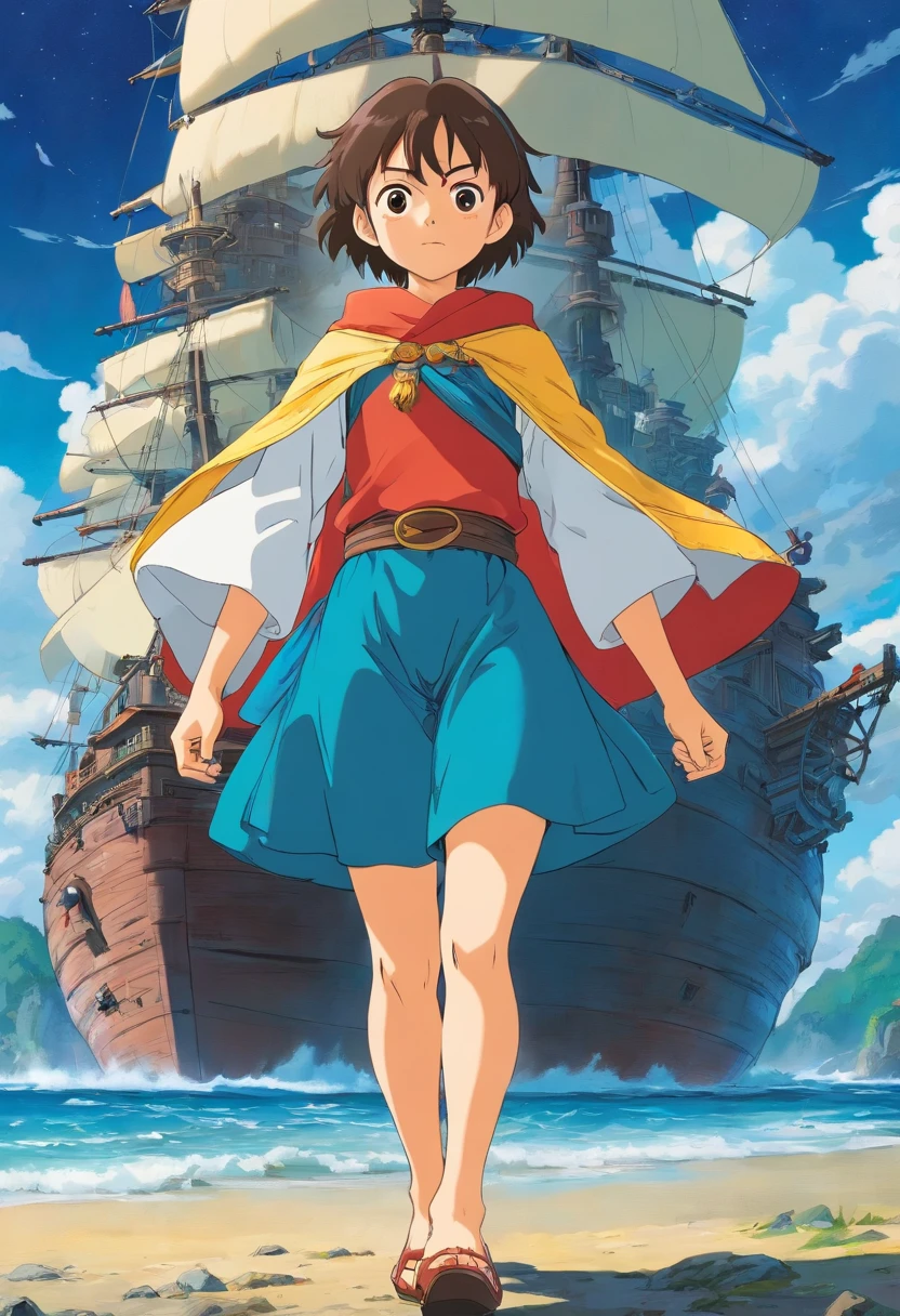 Garçon de 10 ans, garçon amusé portant un costume de super-héro, atmosphère orageuse, fond avec bateau pirate, animation colorées mais sombee, masami teraoka, feux d'artifices autour de lui, tempête orage !