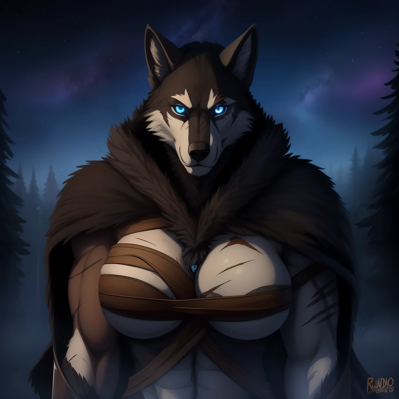 Tall_lanky_muscular_mature_wolf full_breasts female black_furry_body blue_eyes very_fluffy scars misty_breath foggy_forest starry_sky solo Masterpiece best_quality absurdres highly_detailed well_drawn_eyes anthro_only by_greasymojo by_runawaystride torn_medieval_outfit portrait