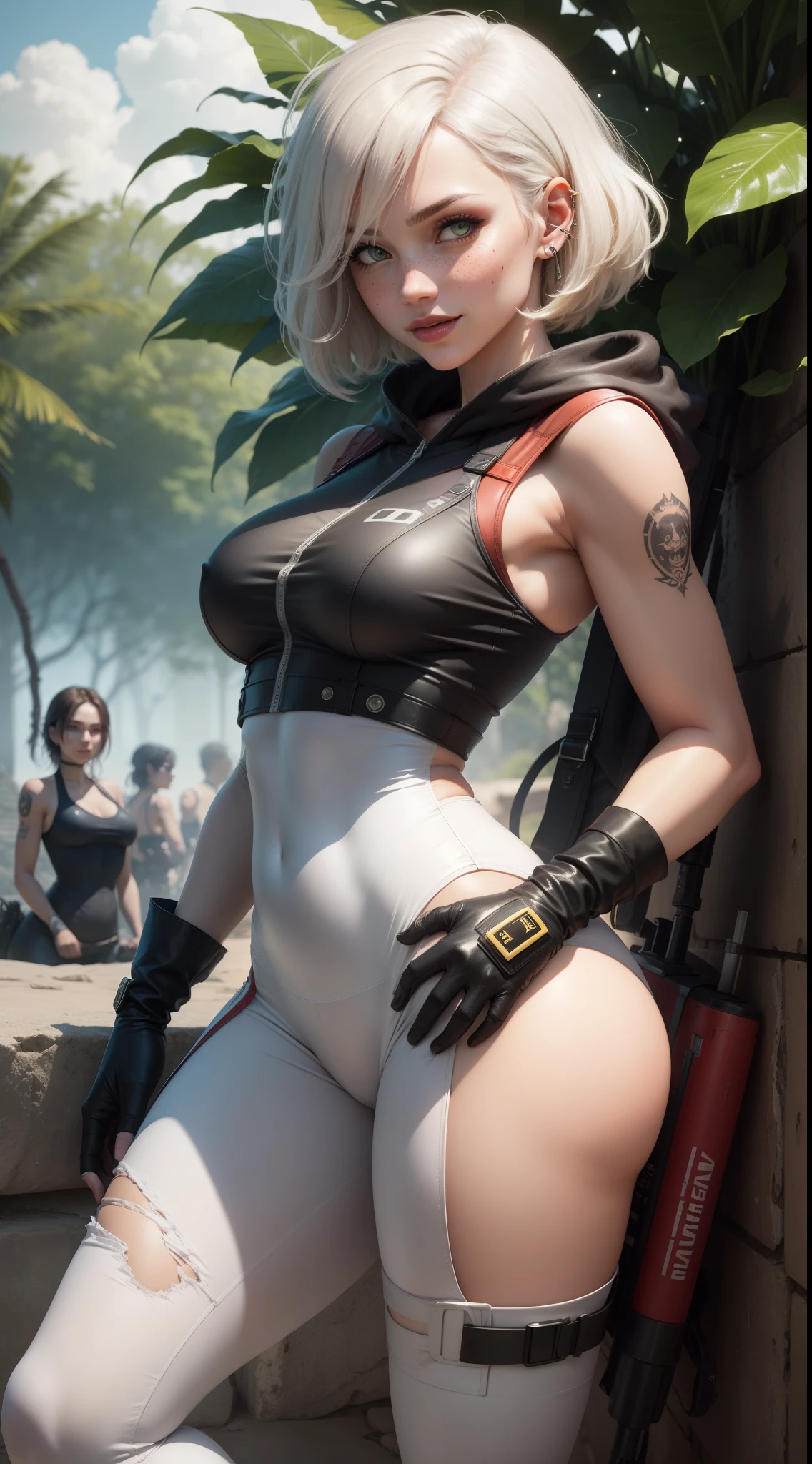 gwen tennyson,yorha 2b,android 18,dva,lara croft,overwatch,tomb raider,close up,mayan jungle ruins,tattoos,orange and white plugsuit,white short sleeve military leotard,sleeveless military hoodie,cargo leggings,military harness,short hair,punk makeup,green eyes,multicolored silver hair,military gloves,sexy smile,freckles,beautiful girl,tall military boots,large breasts,8k, ultra detailed,realistic,fantasy art,fighter stance,military uniform,hair pin,ear piercings,(weather:windy),1girl,military gear,wet shirt,