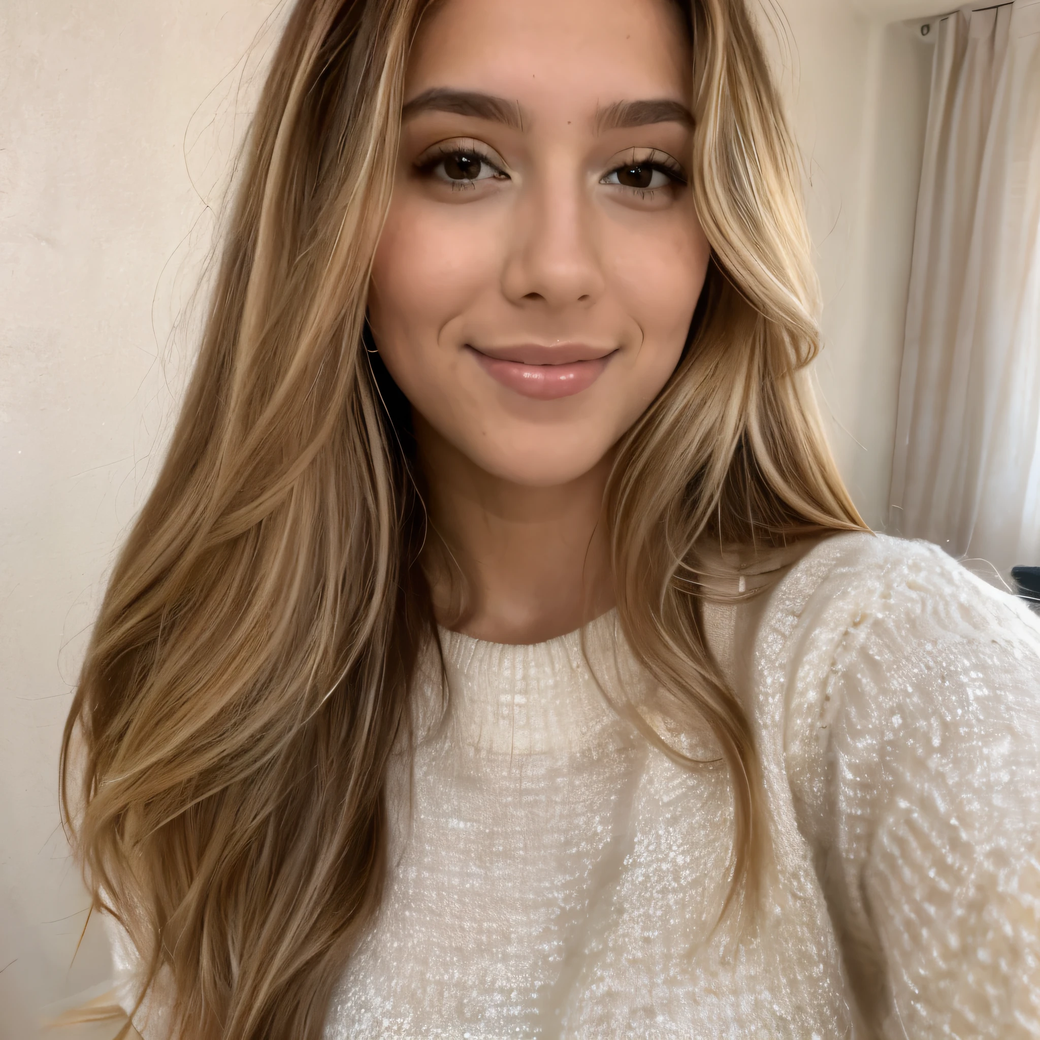 A 23-year-old blonde woman, ((pechos grandes)), ((hiperrealismo)) ,. blonde hair with light brown roots. cabello rubio, Hair with brown roots, cabello extra largo, cabello muy largo, really long hair, Beautiful, Front view, selfie, photo taken with passport camera, elegant brown sweater, passport photo, high quality, HD, huge breasts, shy smile, ultraHD