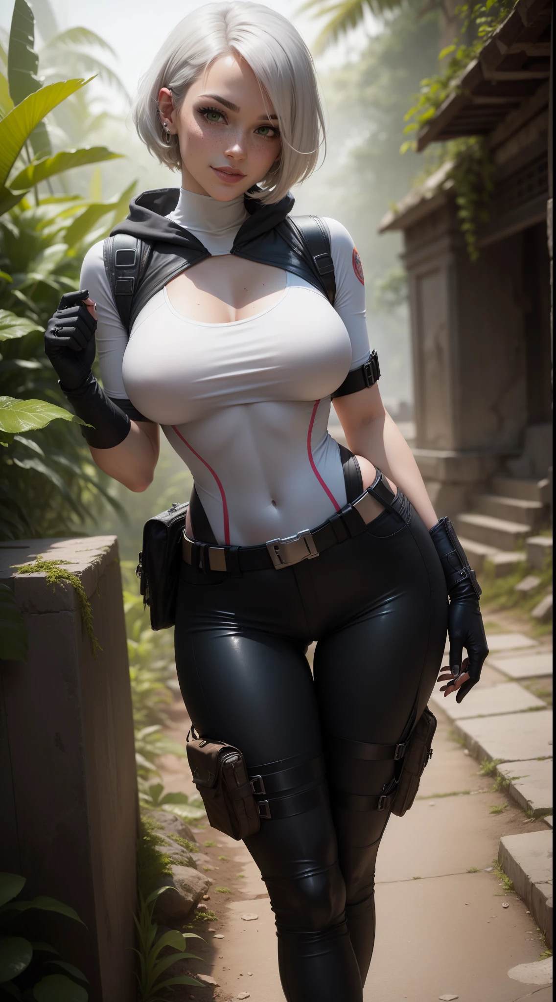 gwen tennyson,yorha 2b,android 18,dva,lara croft,overwatch,tomb raider,close up,mayan jungle ruins,tattoos,orange and white plugsuit,white short sleeve military leotard,sleeveless military hoodie,cargo leggings,military harness,short hair,punk makeup,green eyes,multicolored silver hair,military gloves,sexy smile,freckles,beautiful girl,tall military boots,large breasts,8k, ultra detailed,realistic,fantasy art,fighter stance,military uniform,hair pin,ear piercings,(weather:windy),1girl,military gear,wet shirt,