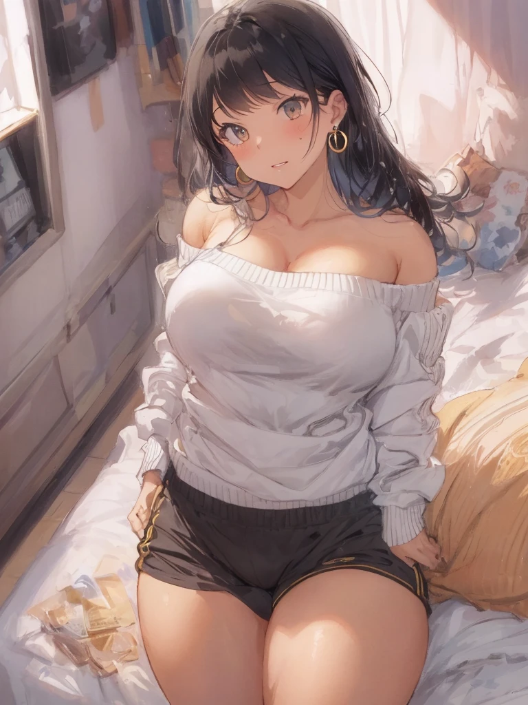 Masterpiece, 8k quality, extremely detailed, one girl, mature female, milf, black hair, (gold loop earrings), (sweatshirt with exposed shoulders), (sweatpants), (small breast), (), thick thighs, bubble butt, chubby, perfect belly, bedroom background
