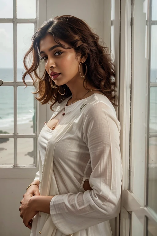 Realistic Indian Girl with White Salwar kameez, showing Cleavage, Red Lipstick, Curly hair, long Ear ring, standing White window frame with sea view, Front View,