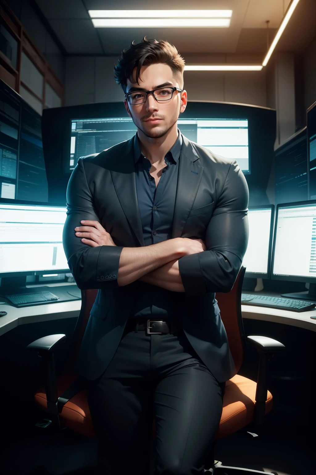 In the heart of a bustling affiliate platform, a computer scientist diligently works in front of a large, illuminated screen. With a keen focus on the curves and trends indicative of success in affiliate marketing, he meticulously analyzes data to optimize his campaigns. Dressed in a casual yet professional attire, he dons round glasses, embodying the stereotypical yet charming nerd persona. The background reveals a highly detailed environment with rows of computers and an industrial-looking studio setting.