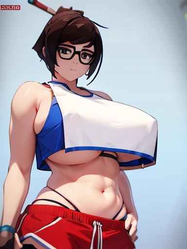 Mei wearing a crop top with underboob and shorts shorts 