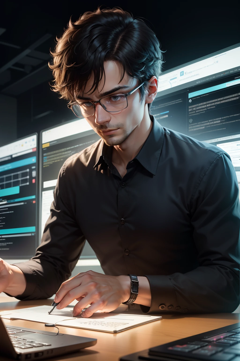 Amidst the pulsating glow of a sprawling affiliate platform, a computer scientist, clad in glasses and a neatly pressed shirt, leans forward, intently studying the intricate curves indicated by the digital interfaces. The big screen before him is a canvas of data, teeming with potential elements of optimization and monetization. In his hands, a keyboard hums with the rhythm of his thoughtful keystrokes, as he meticulously unravels the mysteries of the digital realm, seeking the perfect equilibrium between revenue and engagement.