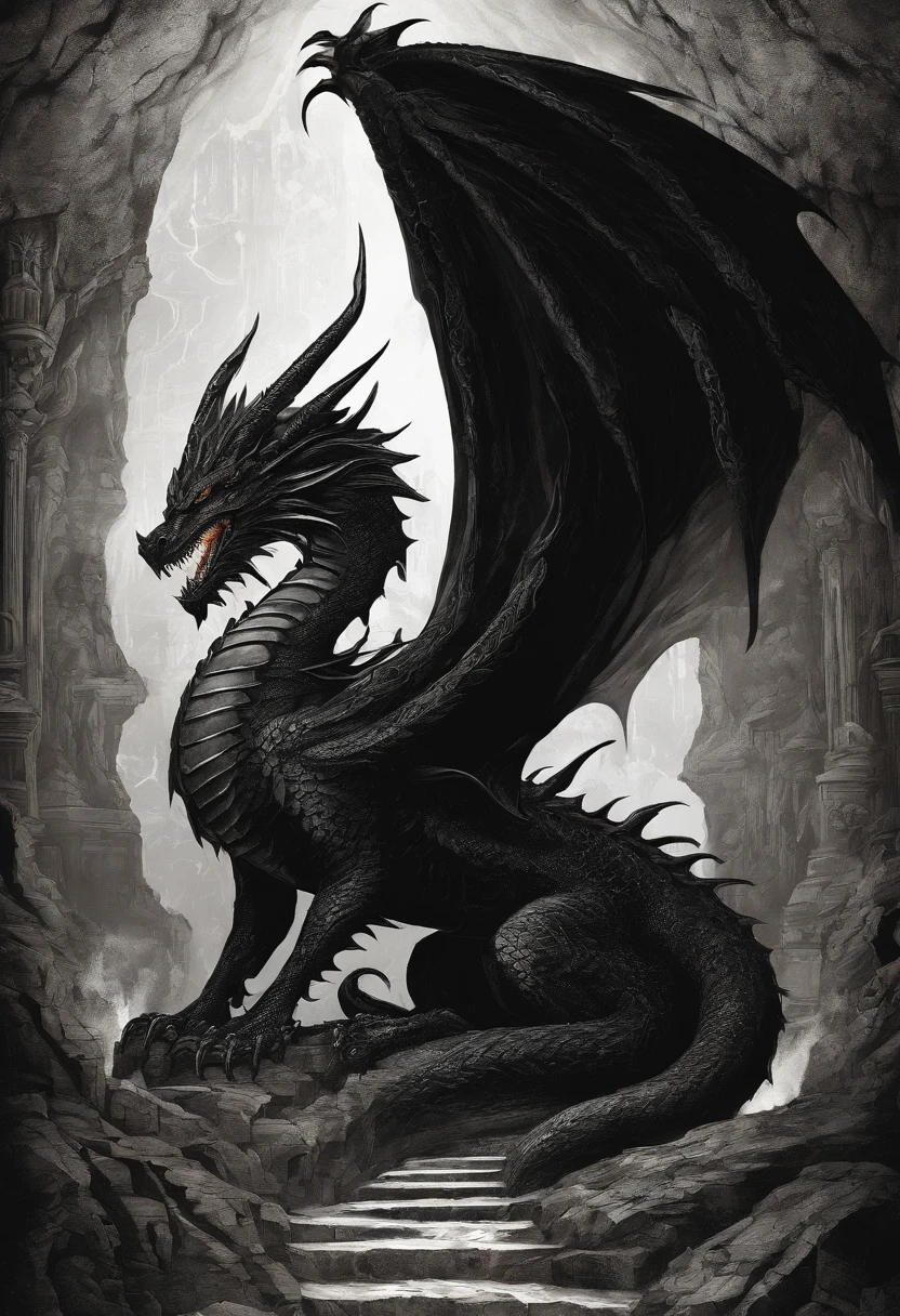 Black dragon in underground cave, extending wings, wreathed in fire, terrifying art