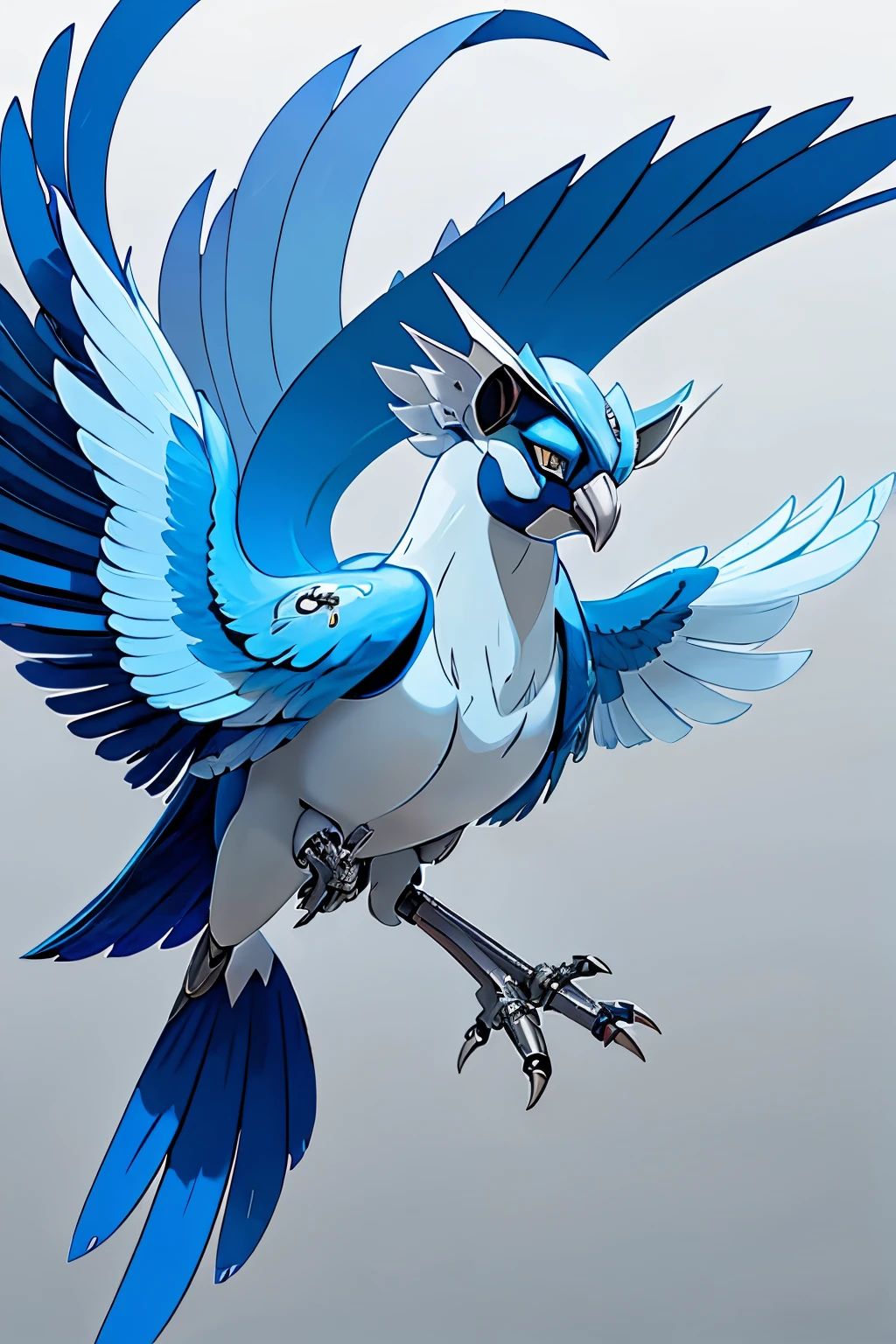 articuno, sugimori ken \(style\), artwork of a paradox future variant of articuno, futuristic, white background, full metal, steel, ice, robot, animal, highly detailed, concept art, artwork