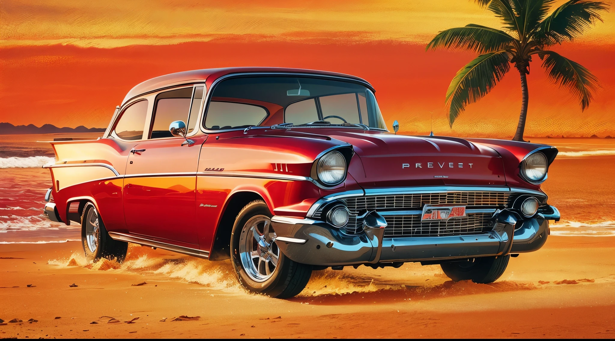 Um carro Chevy 57 vermelho na areia da praia com coqueiros e sol brilhante, boats and yachts at sunrise with waterfront buildings by Syd Mead