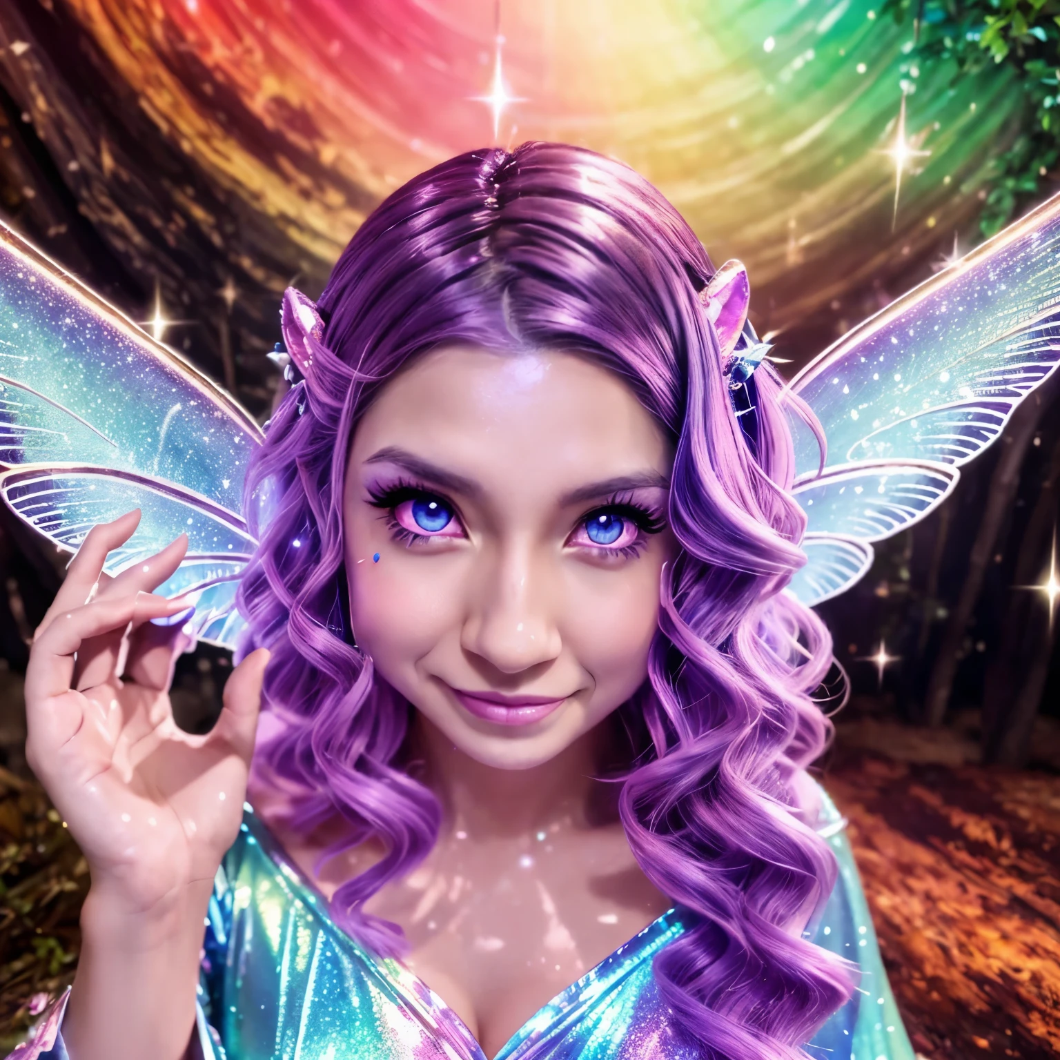 anime magic troll,illustration,fantasy creature,enchanted forest,playful expression,glowing eyes,mystical aura,pointy ears,detailed facial features,shimmering hair,fairy wings,sparkling wand,colorful robe,magical powers,vibrant colors,whimsical atmosphere,soft lighting