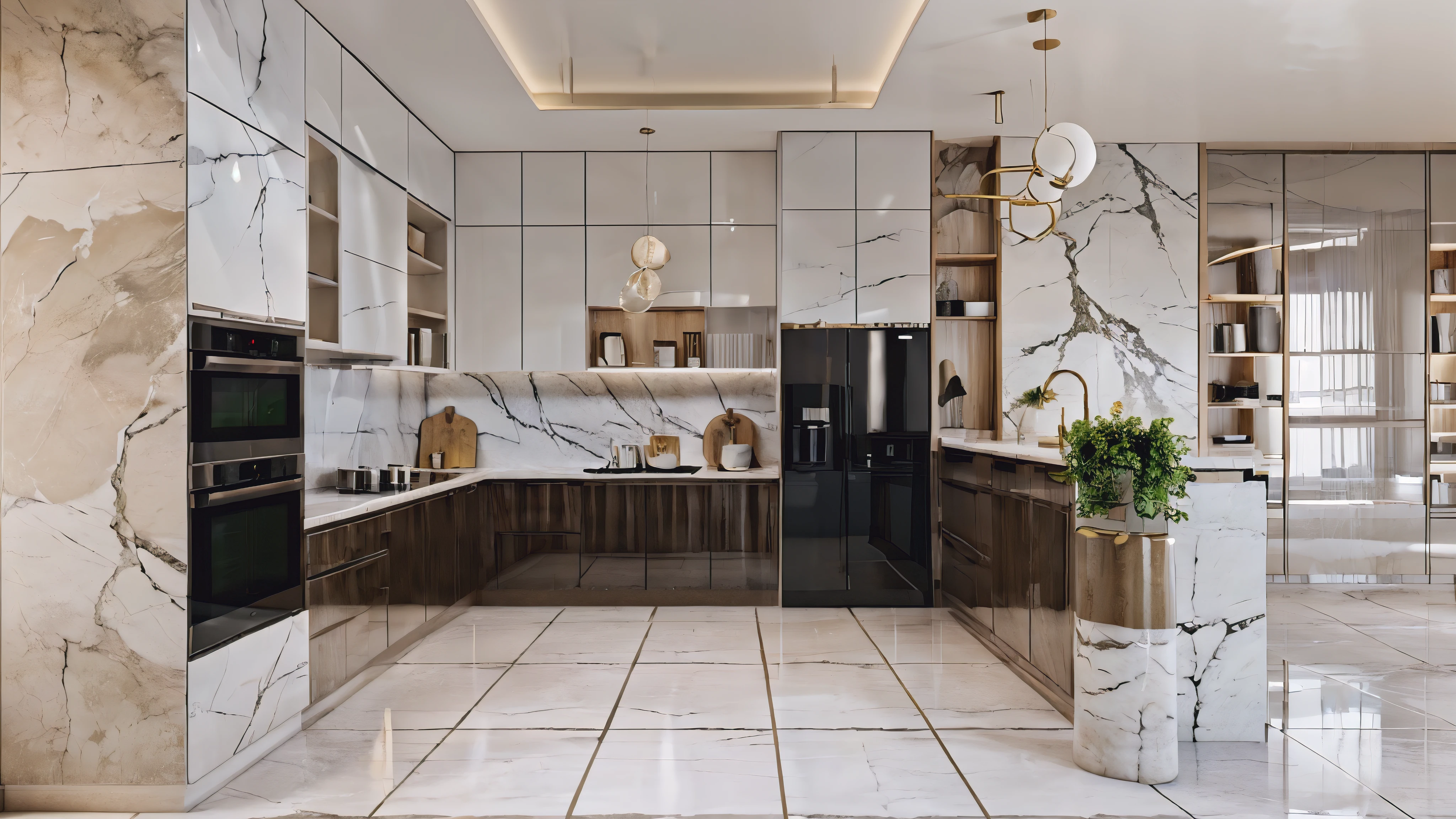 a view of a kitchen with a marble floor and a marble counter top, modern style, elegant render, glossy surface, realistic 3 d style, kitchen, excellent 3d render, with vray, modern look, v ray, stuning 3 d render, render in vray, high gloss, all marble, realistic style, residential design, professional render, render vray