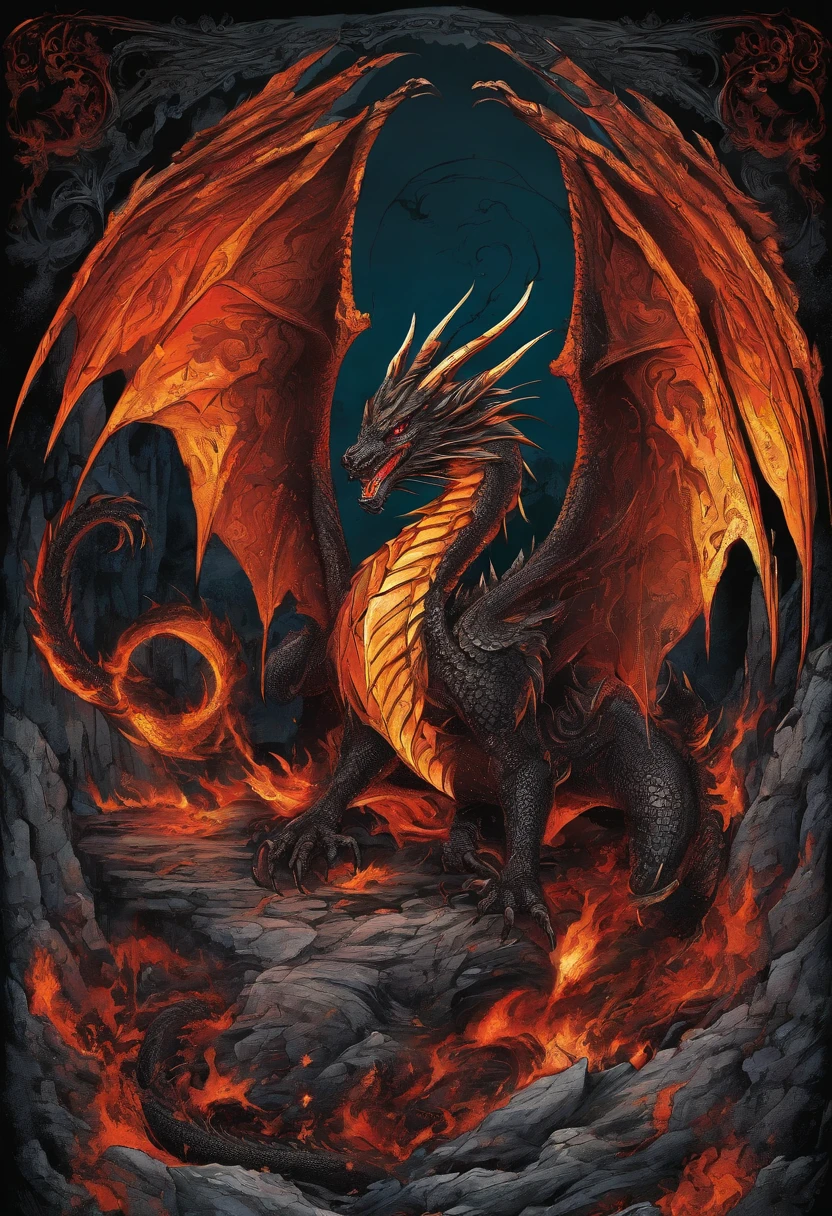 Black dragon in underground cave, extending wings, wreathed in fire, terrifying art, vibrant colours,