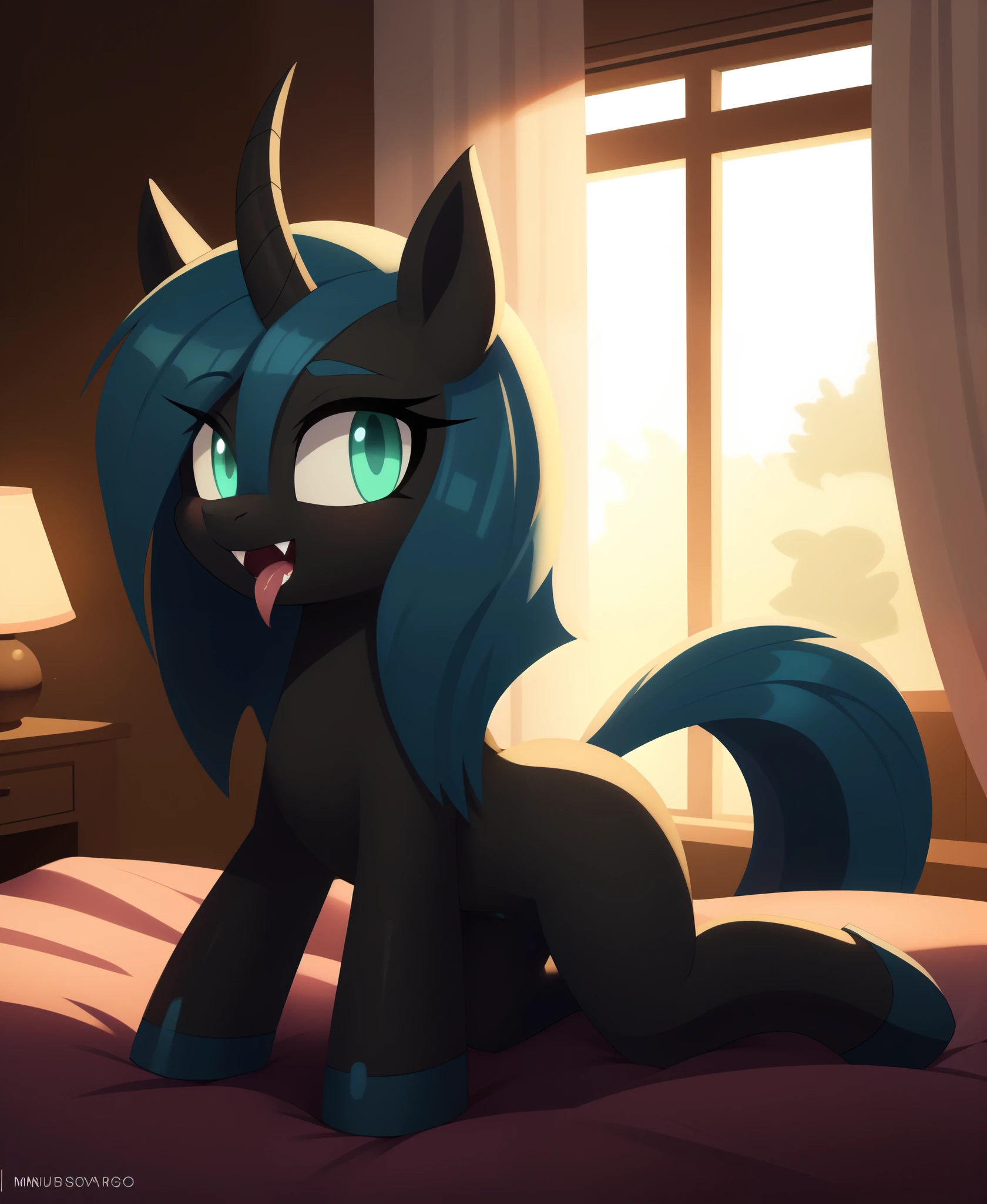 Queen Chrysalis, feral changeling, portrait, ((bedroom,)), (masterpiece), (raytracing), (cinematic lighting), triadic lighting, High Definition, light particles, (shading), glowing cyan eyes, cyan wings, blue backplate, ((pony body)), (((perfect anatomy))), {my little pony}, ((((cute)))), (((female))), ((fangs)) ((yuris style)),, forked tongue, sharp teeth