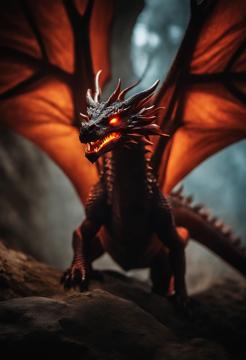Black dragon in underground cave, extending wings, wreathed in fire, terrifying art, vibrant colours,