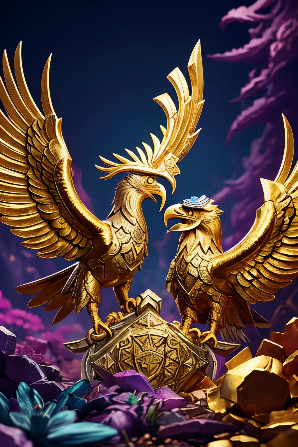 Set medallion with close-up of intricately designed metal faucet, crowned at the center – a regal touch. The detailed metals shimmer under the polished surface, reflecting the soft light.
Close-up of two eagles in golden attack position, their sharp talons poised for the hunt. The texture of their feathers showcases an intricate gold pattern, adding depth to the artwork.
In the style of Hearthstone Art, conceptual and vibrant, with a whimsical touch. This artistic piece captures the distinctive charm of the game, incorporating rich, fantasy-inspired elements.
Conceptual artwork from Riot Games,