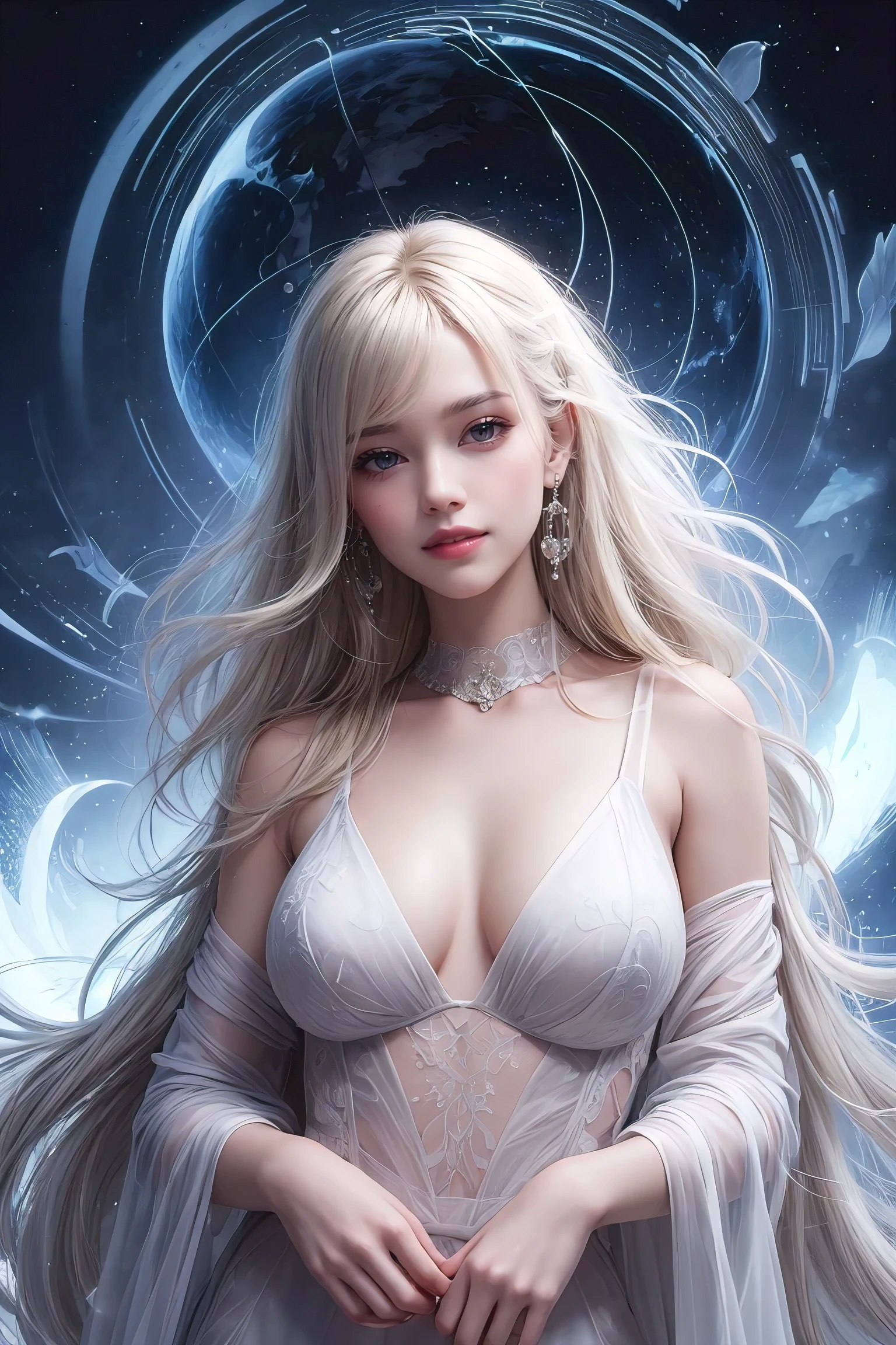 masterpiece, highest quality, (solo focus), (perfect face:1.1), (high detail:1.1), (hyper detailed eyes), dramatic, (pale skin), long blonde hair, ethereal eyes, (light eyebrows), solo, long hair, Jordan Barrett, moon, night, white luxury suit, covered navel, pouty lips, fur, proud expression, futuristic city, detailed background, art by artgerm, cinematic lighting, roses, fashion, BalenciagaStyle