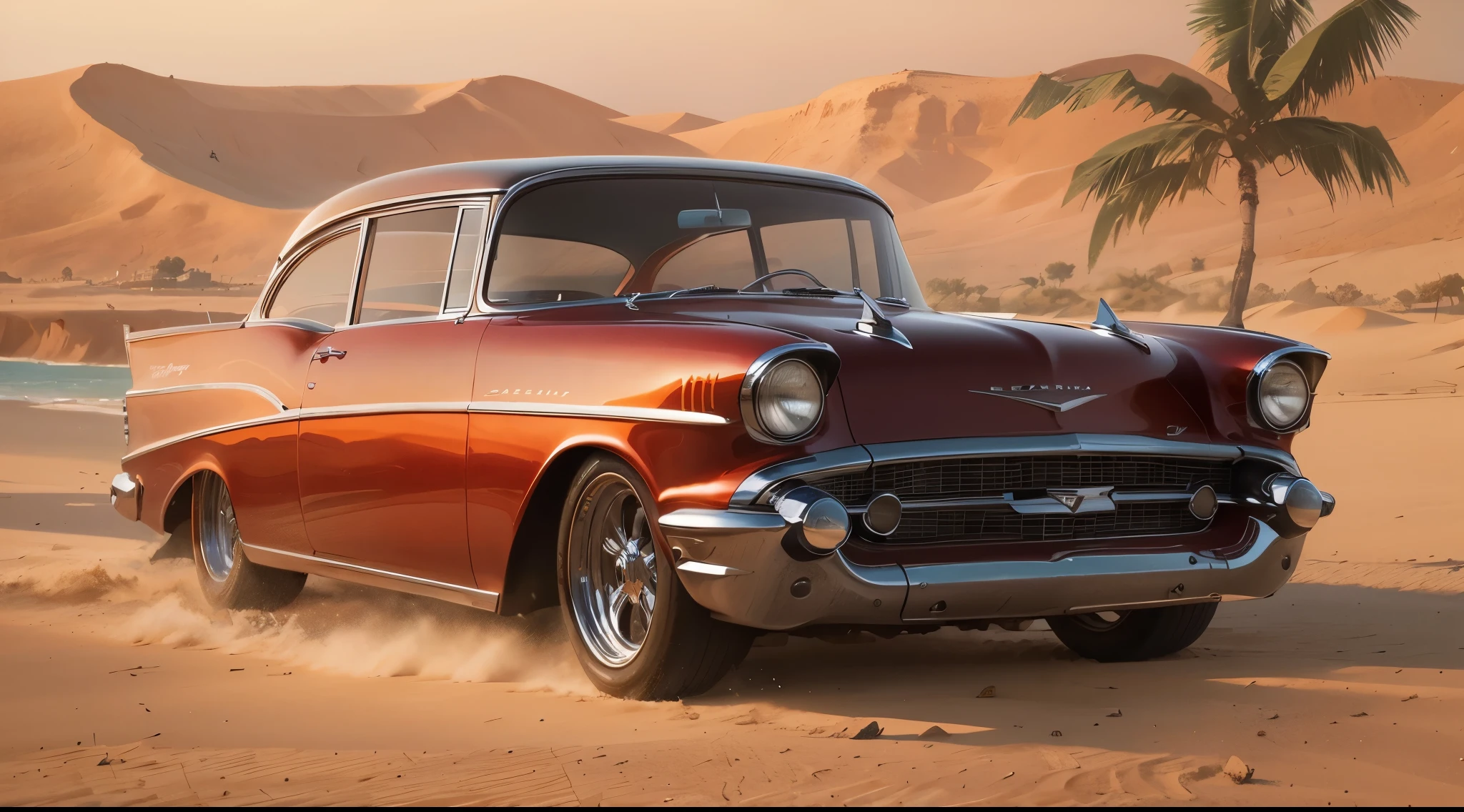 Um carro Chevy 57 vermelho na areia da praia com coqueiros e sol brilhante, boats and yachts at sunrise with waterfront buildings by Syd Mead
