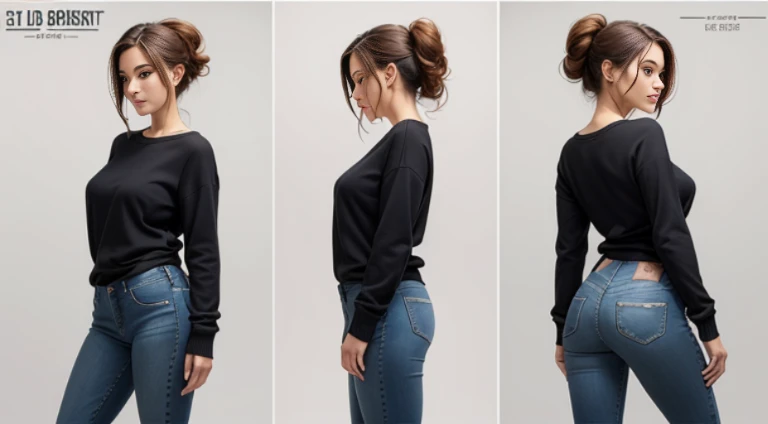 ((Best Quality)), ((Masterpiece)), ((Realistic)) 19 year old, redhead girl, armpit lenght hair, relaxed happy face ((slender)) (busty), (((jeans and pullover))) bun hairstyle, (((detailed character sheet, frontal view, side view, three quarter view))) white background, 6 and a half heads full body