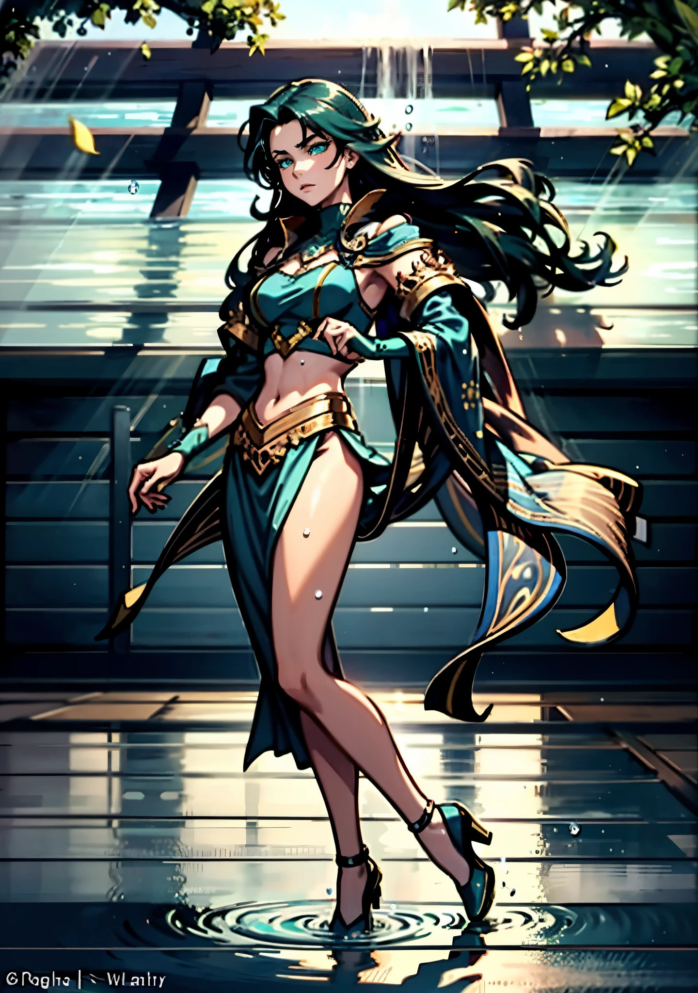 A beautiful woman with cascading waves of aqua-blue long hair, exquisite facial features, a melancholic expression, delicate and bright eyes, skin as smooth and radiant as polished jade, her slender and graceful figure dances like water splashes in the wind, a splendid fantasy-style islander ethnic costume, a short skirt resembling ocean waves, her slender legs leap lightly above the water surface, surrounded by splashing droplets that dance in the air, this character embodies a finely crafted fantasy-style female dancer in anime style, exquisite and mature manga art style, high definition, best quality, highres, ultra-detailed, ultra-fine painting, extremely delicate, professional, anatomically correct, symmetrical face, extremely detailed eyes and face, high quality eyes, creativity, RAW photo, UHD, 8k, Natural light, cinematic lighting, masterpiece-anatomy-perfect, masterpiece:1.5