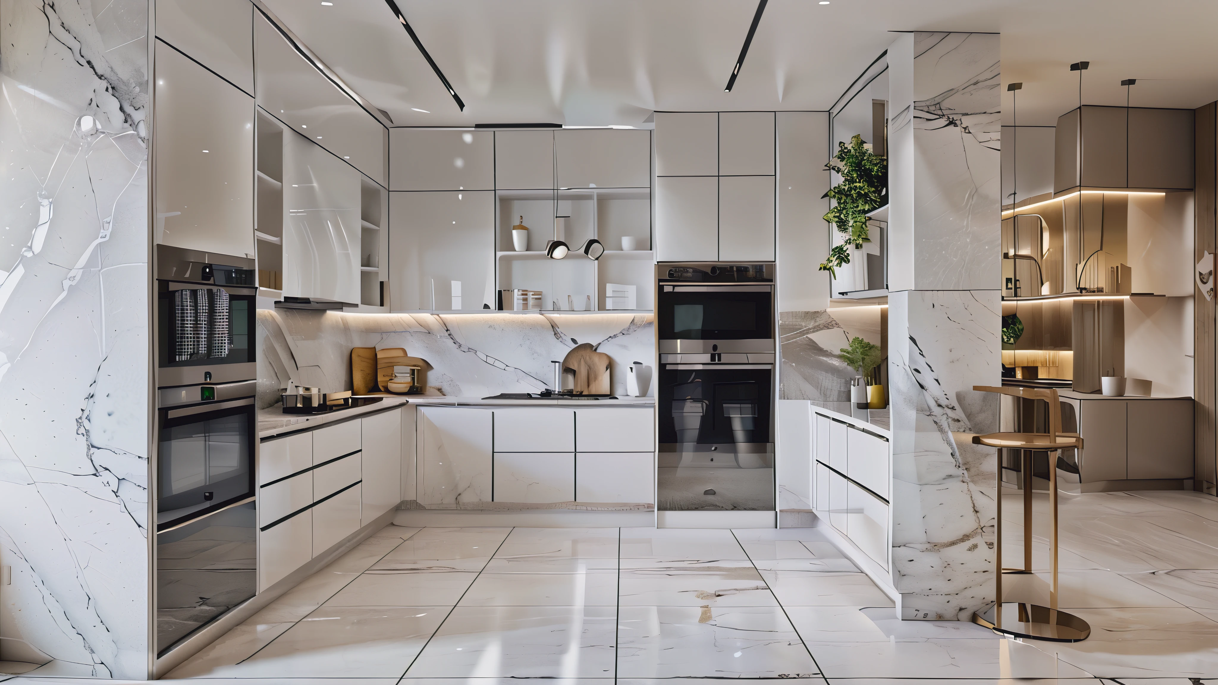 a view of a kitchen with a marble floor and a marble counter top, modern style, elegant render, glossy surface, realistic 3 d style, kitchen, excellent 3d render, with vray, modern look, v ray, stuning 3 d render, render in vray, high gloss, all marble, realistic style, residential design, professional render, render vray