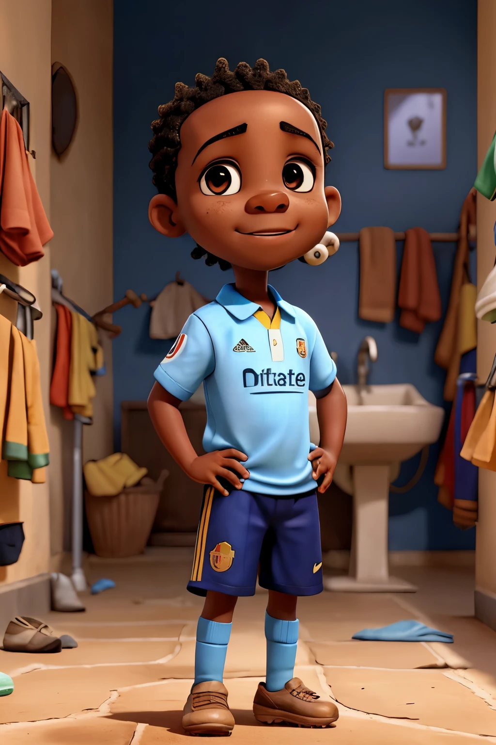 A little African boy, with flies buzzing around his mouth as he washes his hands, dons a Barcelona soccer team jersey. Despite being bald, his youthful energy shines through.