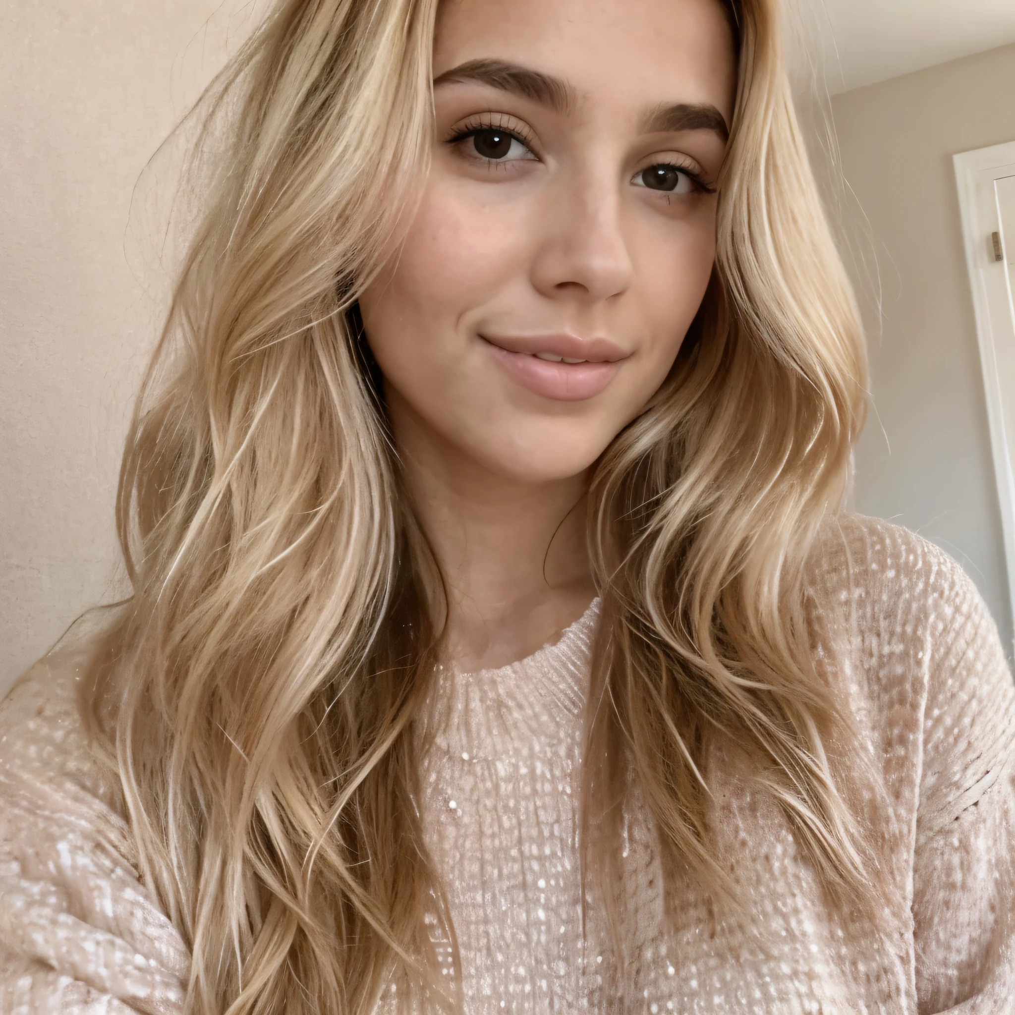 A 23-year-old blonde woman, ((pechos grandes)), ((hiperrealismo)) ,. blonde hair with light brown roots. cabello rubio, Hair with brown roots, cabello extra largo, cabello muy largo, really long hair, Beautiful, Front view, selfie, photo taken with passport camera, elegant pink sweater, lip gloss, HD photo, high quality, HD, huge breasts, shy smile, ultraHD