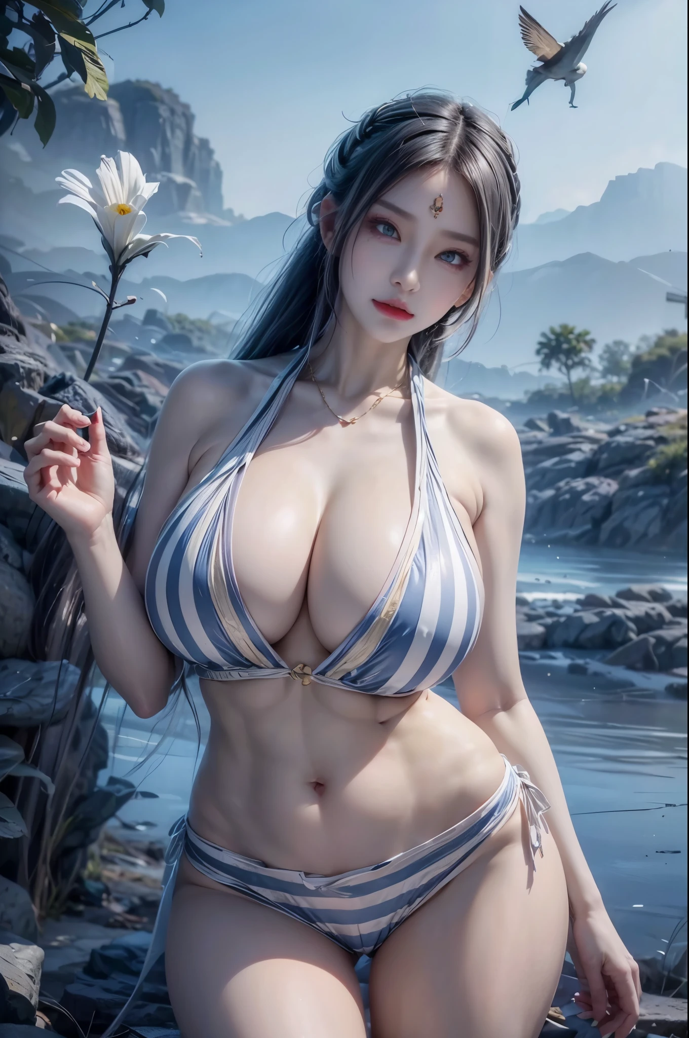 realistic, 1 women, best quality, 12k, HD, long hair, big round breasts, cleavage, ponytail, necklace, jewelry, shorts, short jacket, slim hips, hair tie, yellow eyes, black hair, super detailed, Eye details, hair details, person details, mouth details, face details, breast details, clothes details, hair details, pants details, hand details, whole body