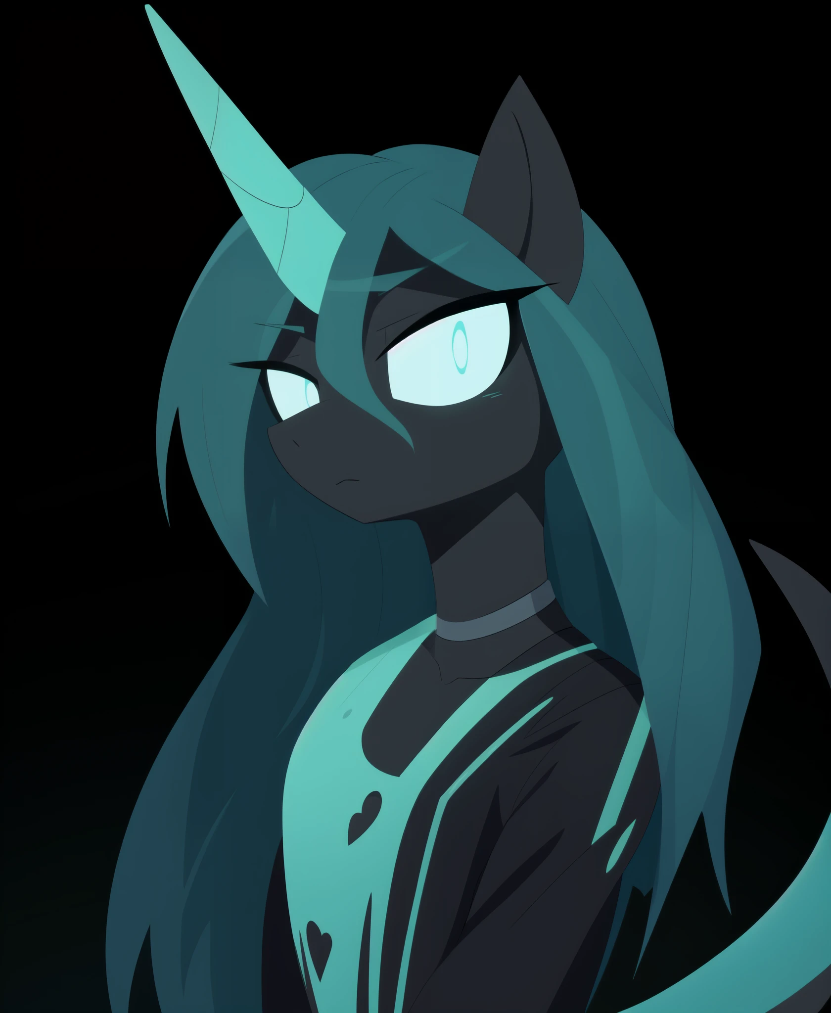 ((score_9)), pony, solo, queen chrysalis, big snake neck, android, anthro robot, black metal, joints, hair, torn clothes, scales, unicorn, flat colors, (blank eyes), slit pupils, lonely, looking at you, teal neon, (((black background, composition)))