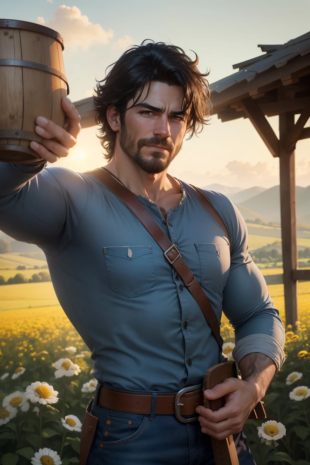(melhor qualidade, obra de arte:1.2), ultra-detalhado, rosto detalhado, realista, fundo simples, FRED Barbarian man with black hair, Messy hair, Hair to the shoulders, barba leve, intense gaze, strong build, intense gaze,
QUEBRAR,
Retrato de Fred. The composition is cinematic, featuring Fred in a dynamic pose and angle, como se capturado em movimento. He is dressed in traditional farmer attire: jeans, a (camisa de manga longa:1.5), camisa abotoada, e velhas botas de couro e cinto com fivela de metal. Sweat glistens on his forehead and there are light specks of dirt on his skin.., indicando trabalho duro.
Fred is positioned in a lush green field during golden hour, with the sun's rays highlighting his muscular physique. The blue sky above is vibrant with some fluffy white clouds, and hills can be seen in the distance. In the foreground is a wooden fence, e o fundo inclui uma casa de fazenda, variedade de culturas na altura da cintura, flores silvestres espalhadas, e um arado antigo. A rustic wooden water bucket is nearby. Your expression is seductive, com um sorriso para o espectador, and your worn hands, mas fortes, they are wiping the sweat from their foreheads. The background is blurred to create depth, focusing attention on Fred.