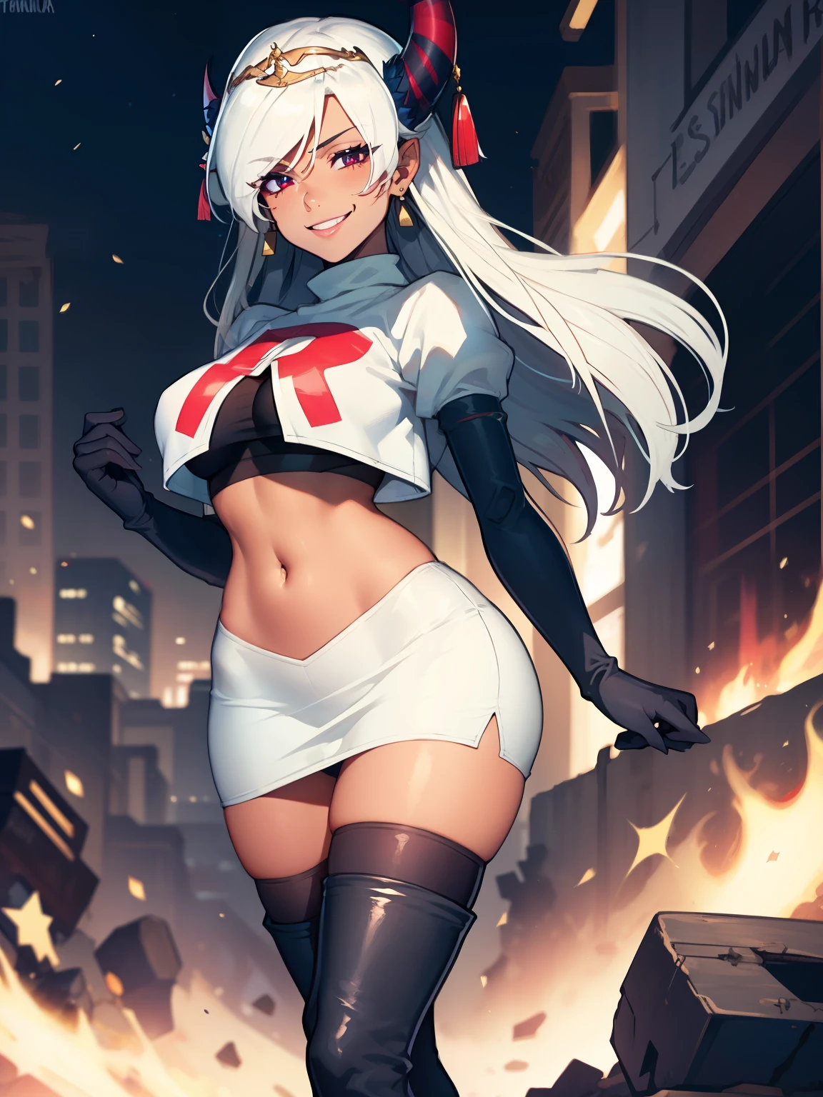 High quality, best rendering), (Beautiful Woman, Mirko, My Hero Academia), muscular body, thick muscular legs, big breasts, silver hair, long straight hair, Sanpaku eyes, red eyes, long rabbit ears, elaborate hair, around the city, one leg raised and kicked up, psychopath, crazy face, glaring at viewers, grinning mouth, white leotard up to the neck, blue edge, hands on all fours, center, scales to dimensions, camel toe,