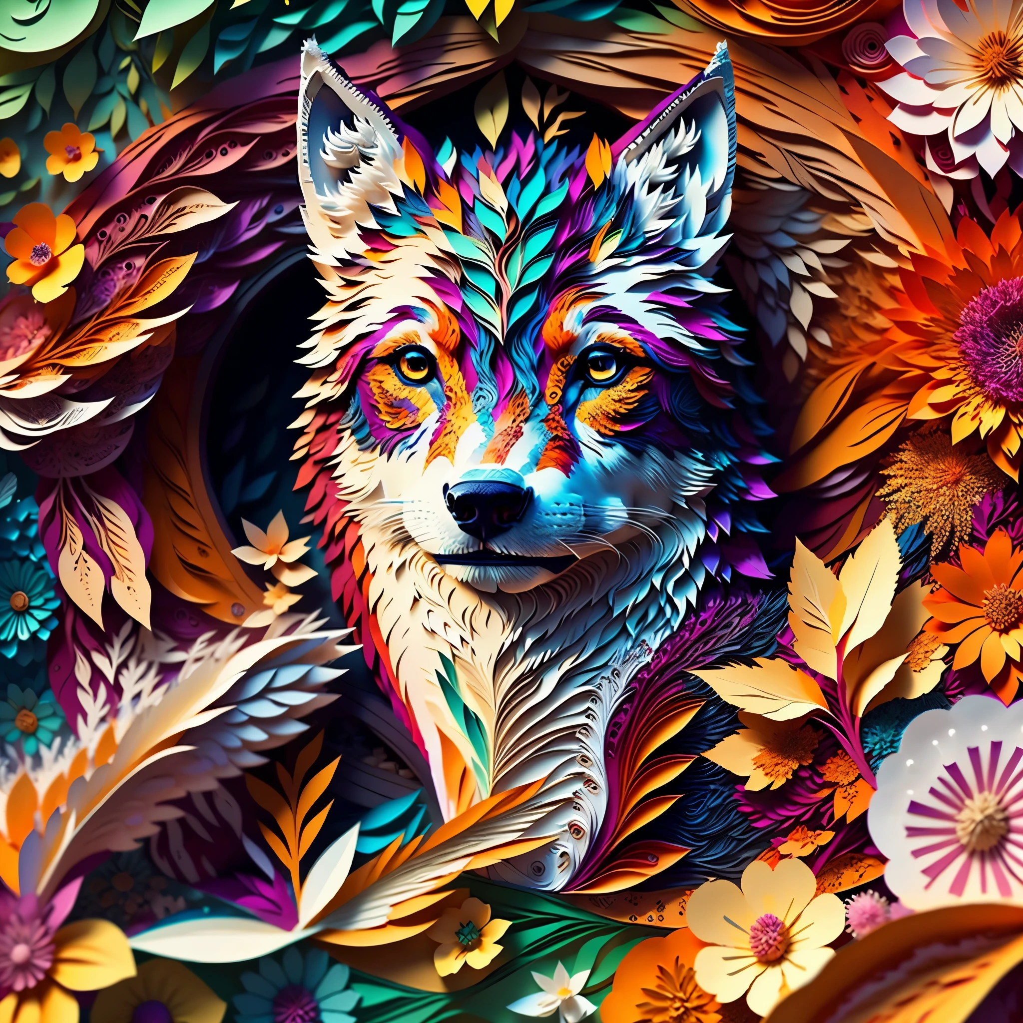 Paper_cut wolf, multi dimensional quilling paper, art, chibi, yang08k, colorful, Masterpieces, top quality, best quality, official art, beautiful and aesthetic,((ultra realistic)) (cachorro akita , perfil ),(melhor pose),(best angle), (better expression), Eduardo Kobra acolchoamento ,multidimensional geometric wall PORTRAIT, arte, Chibi, lindo, Colouring, Primary works, qualidade superior, melhor qualidade, Arte Oficial, pelos coloridos, Paper_cut Natural and organic depictions of vast landscapes,Sky and steppe,ikebana,Clouds,extremely windy,Features earth tones and botanical motifs,Withdraw connections to nature and the environment,Influenced by botanical illustrations or environmental art,softlight,(warm color:1.15),epic best quality exquisite details,3D rendering,maple leaf,Yellow chestnut leaves, Epic Masterpiece ultra UnrealEngine5 deep path equirectangular_360 global luminescence saturate dynamic volumetric Cinematic_Sunlight lightning_contrast perfect composition meticulously intricate ultra_high-details ultra_high-quality max ultra_high-def ultra_photo-realistic optimal ultra_high-res cgi vfx sfx accurate reflex vivid color-coded improved Octane-rendered UHD XT3 DSLR HDR romm rgb pbr 3dcg fxaa blay enhanced fkaa txaa rtx ssao opengl-shader glsl-shader post-processing post-production cell-shading tone-mapping shadow analogique ultra_sharpness focus symmetrical varied multi etc. --v 6 --s 1000 --c 20 --q 20 --chaos 100