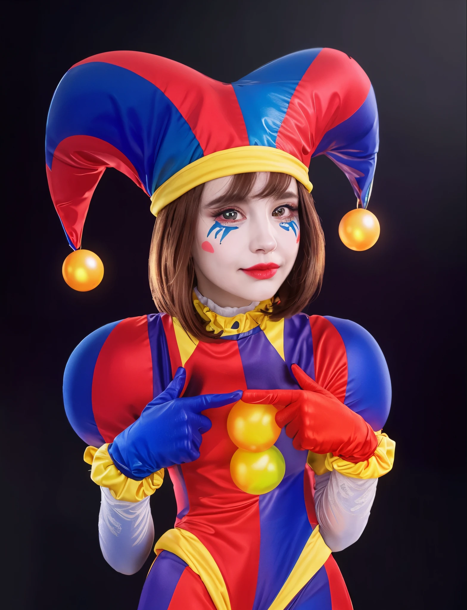 clown jester cute girl with glossy brown hair, clown girl,  jester,  glossy hair, spotlight, rim light, detailed fabric textures, glossy costume, reflective, best quality, 4k, masterpiece:1.2, ultra-detailed, realistic, vivid colors, dark and moody lighting, The image of the highest quality, ensuring every detail showcased perfectly. It in 4k resolution, allowing viewers to immerse themselves in the richness of the colors and intricate details. The realistic rendering. under the spotlight, reflecting, high-resolution image, realistic rendering, dark background, and rim light