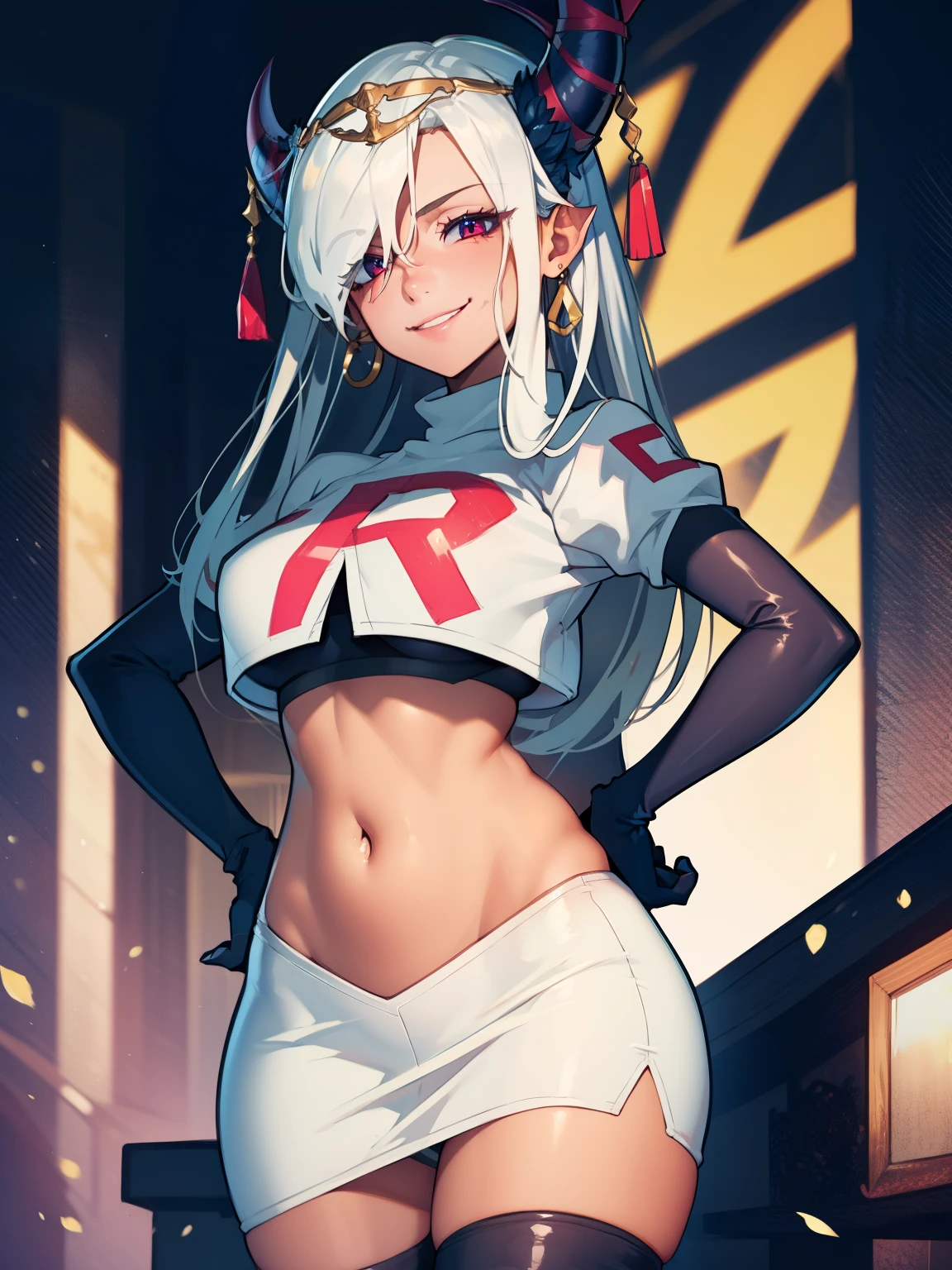 zephia, horns, tan ,tiara ,earrings, glossy lips ,team rocket uniform, red letter R, white skirt,white crop top,black thigh-high boots, black elbow gloves, evil smile, hands on hips