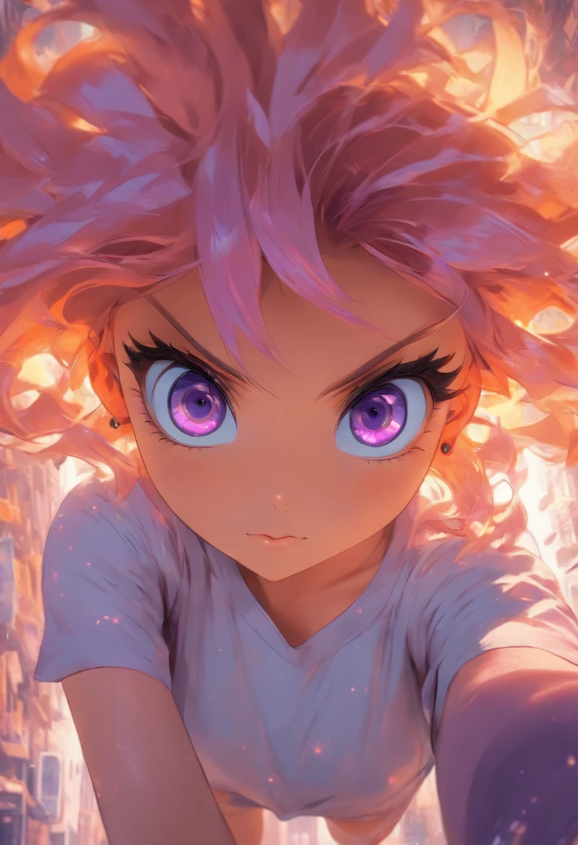 Girl in the same T-shirt and panties, with amethyst eyes, orange hair and big eyes, selfie, view from the likeness, Natural makeup, Looking straight into the camera, subtle makeup, split.