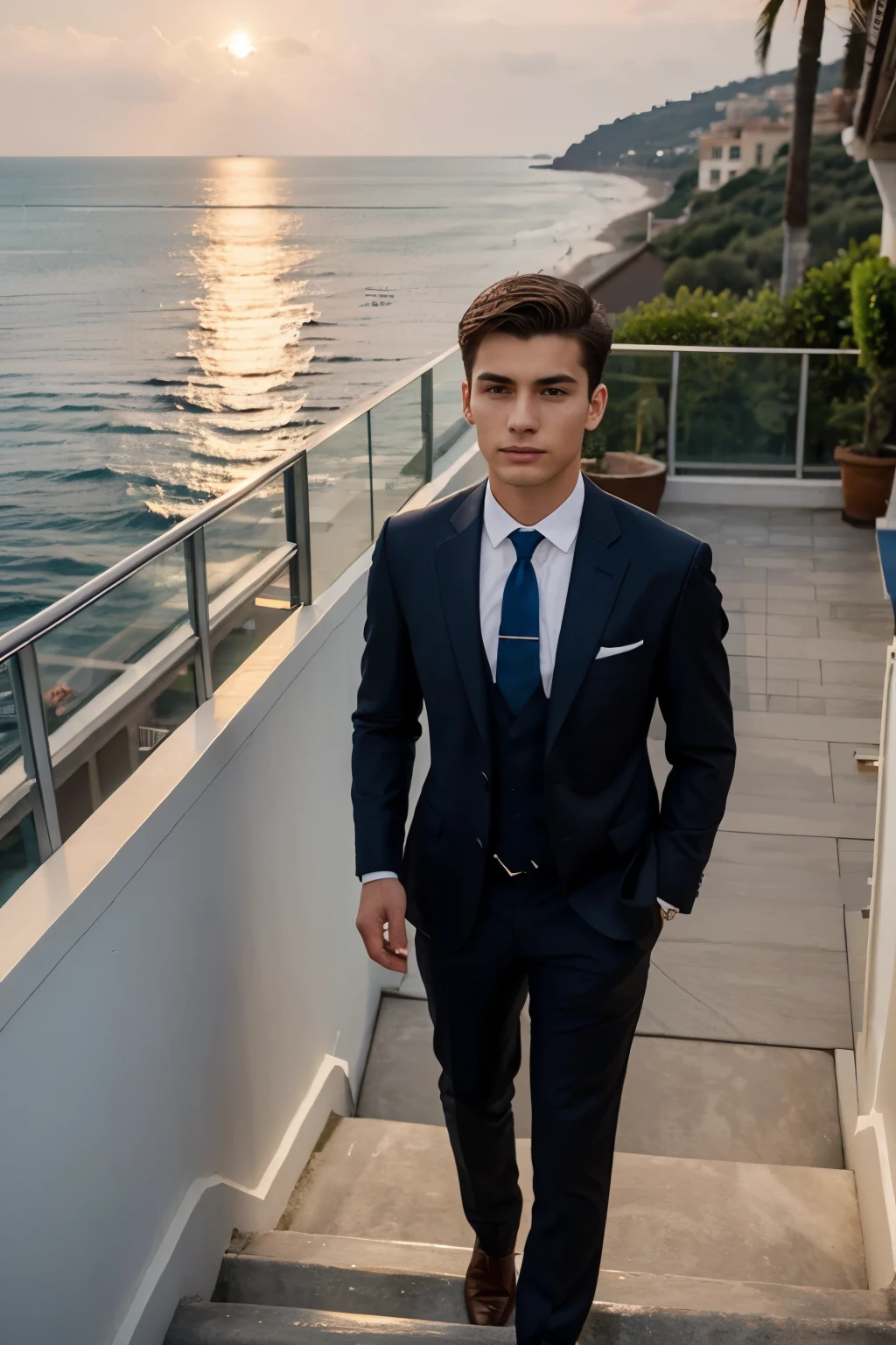 rooftop with sea behind, young man, 20 years old, man in a suit standing in a hallway with a stair case, dressed in a suit, in strict suit, casual suit, ready for a meeting, with a business suit on, business outfit, in villa on sea, close, in focus, raw camera, beautiful sunset and sea, fit body, staring at camera