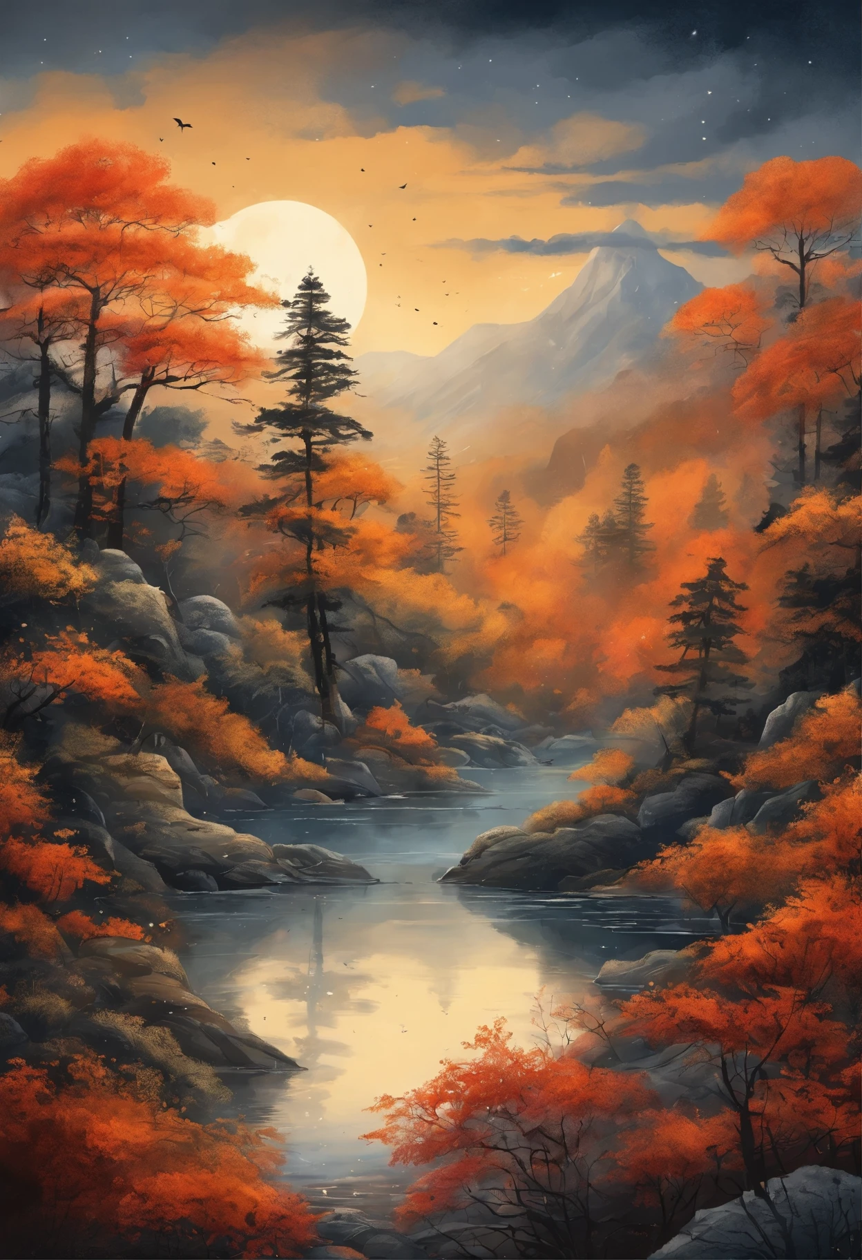 Intricate details of painting Japanese forests, by range murata, Galaxy in the background, A sea of clouds, Bright color, high contrast, Mont, vector line art, Orange highlights, Trends in Pixiv, anime concept art, stick, matte, high high quality, edge-to-edge, Sanskrit
