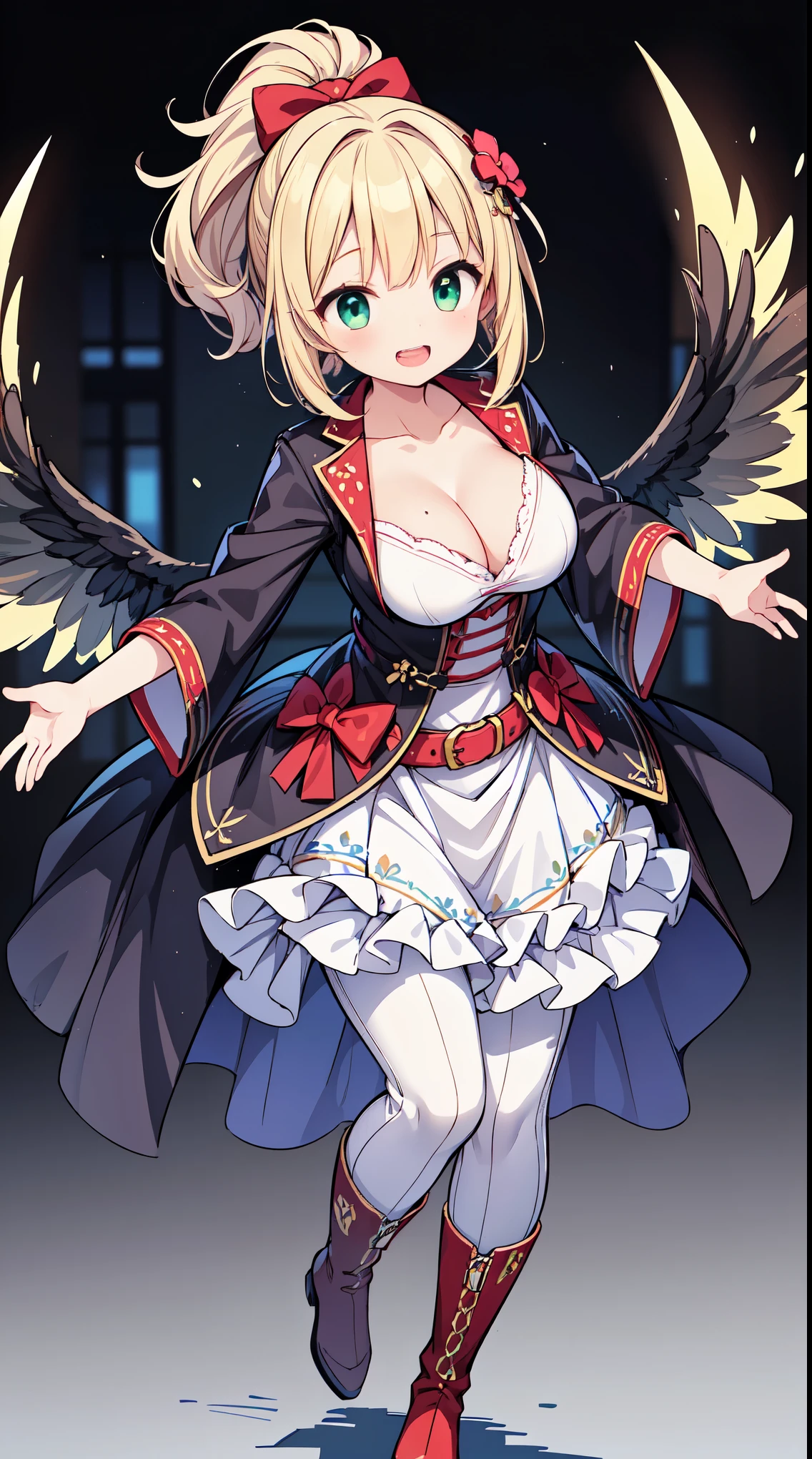(super fine illustration:1.2),(masterpiece, 8k), (best quality, high quality:1.4), perfect anatomy, hyper detailed, ultra detailed,masterpiece background,beautiful detailed background, v8k wallpaper,perfect design,award-winning art,atmospheric,
BREAK, 1 beautiful girl, girl, (cute:1.5),(Little:0.5),(cute:2.0),(change:2.0),(12 year old girl),(big breasts:1.65),(chin hair,blonde,blue bow,green eyes,Eyebrows visible through the hair,side lock,long hair with bangs parted, hair flower, hair ornaments, big ribbon in hair, curly hair, ponytail:1.6),:he, white feathers, one thin white wing, Ang he wings, spread your wings, shining wings),pit \black},glowing skin, beautiful skin, Shining beautiful skin, open your mouth, bashful smile, alone, tooth, upper teeth,(long eyheashes, double eyheids:1.2),alone, glowing skin, beautiful skin, Shining beautiful skin,(highest quality face),(highest quality shining eyes,
BREAK
hey rassyai!!,(yakitori,kusiage),looks delicious,grill the meat
BREAK
Charro Chic Elegance,
Elegant charro suit or dress with intricate embroidery,
Fitted jacket or vest with silver embellishments,
Long, flowing skirt or tailored trousers for a refined look,
Pointed toe boots with decorative stitching,
Wide-brimmed hat adorned with ribbons or embroidery,
Silver or gold jewelry, including a bold statement belt,
Classic red lipstick for a timeless touch,
Chic updo hairstyle with braids or twists,
Subtle use of a mantilla or lace shawl,cleavage,mole on breast,collarbone,beautiful short hair,head dress,(shiny eyes),joshi_ryoku 20000, solo focus,starry night,japanese yatai,depth of field,standing,leaning forward,smile
BREAK,wakame,wakame,wakame,(dynamic pose,from front:1.5)
BREAK,(Blurry background:1.3),(absurderes, hight resolution, Super Detail Art),cel shading,Clear Color, Lonely optical effect, Beautiful pictures, Bright glow, mystic atmosphere,(Close-up of girl:1.1), Mystical light particle effect,manga influence, clean line drawings,