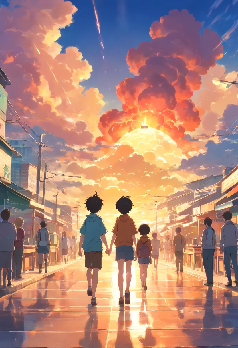 Group of 10 year old boys, feu, flamme, masterpiece, best quality, film encore, Fille Nuage, Flottant dans le ciel, Fermer, brillant, heureux, soft and warm lighting, coucher de soleil, (Sparks:0.7)