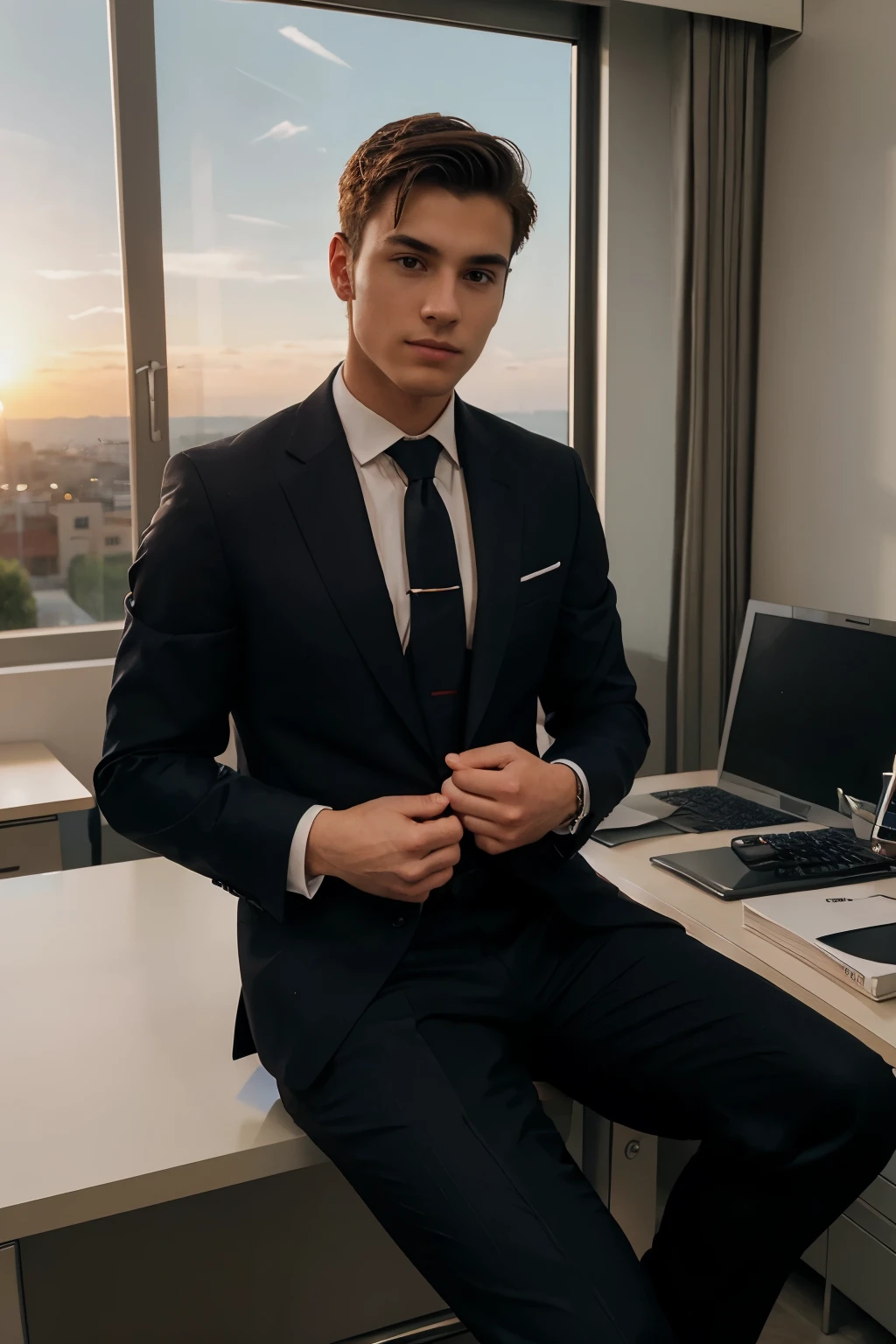 sitting at desk working at comptuer, young man, 20 years old, dressed in a suit, in strict suit, casual suit, ready for a meeting, with a business suit on, business outfit, in villa , close, in focus, raw camera, beautiful sunset, fit body,