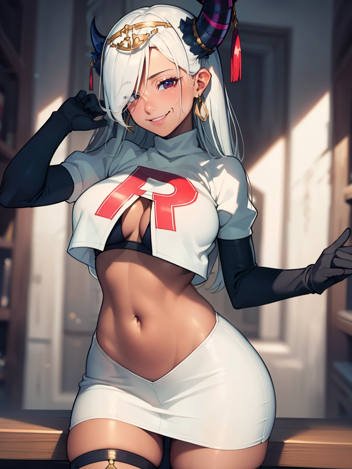 zephia, horns, tan ,tiara ,earrings, glossy lips ,team rocket uniform, red letter R, white skirt,white crop top,black thigh-high boots, black elbow gloves, smile, sexy poses