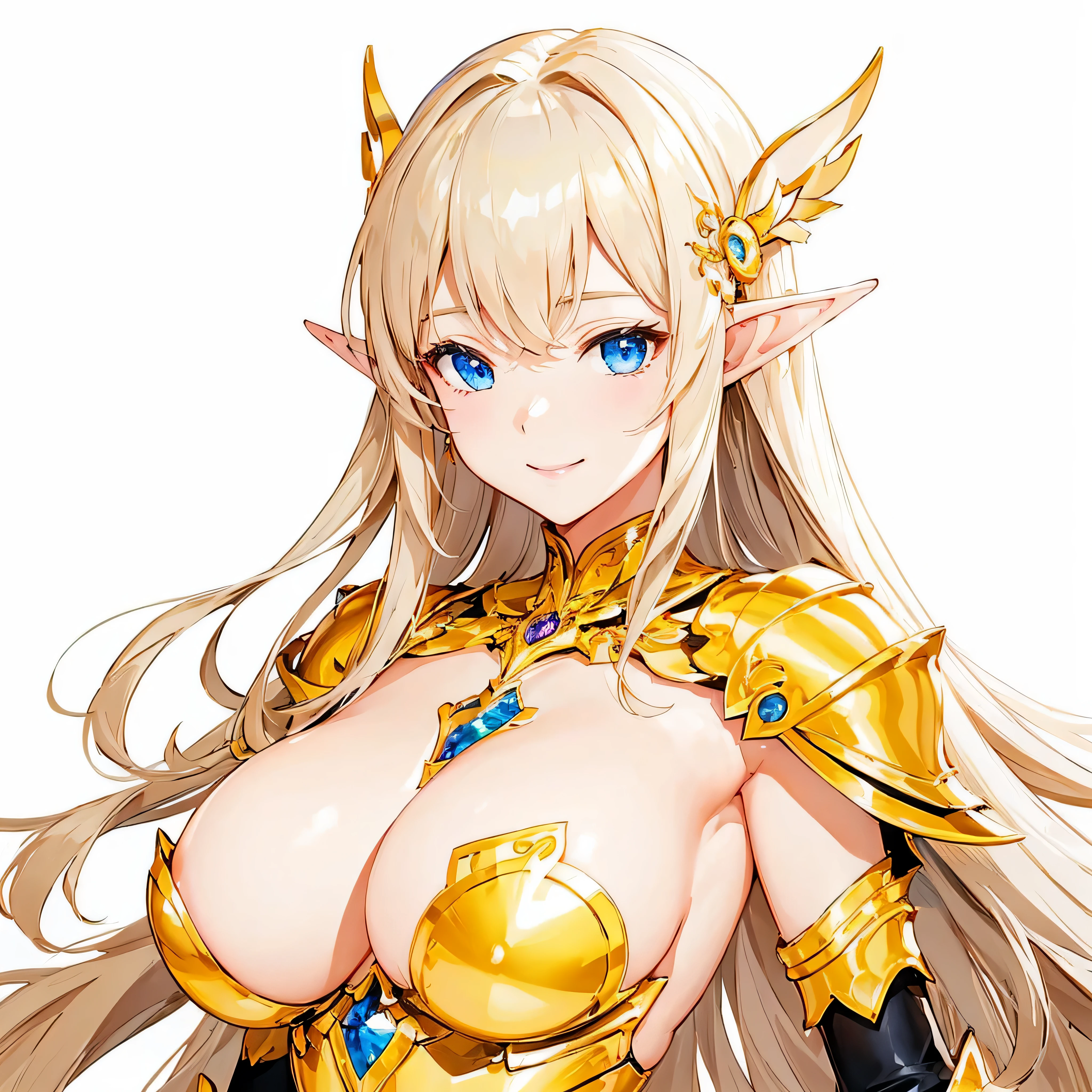 masterpiece、highest quality、very detailed、High resolution、16k、Thin contours、I can see the nipples、chest proportions、elfの女の子、golden armor shines、Sheer white skirt、black pants、very white skin、beautiful fingers、Anime girl very big breasts naked pose、perfect style、elf、No bra、blonde blue eyes、cool smile