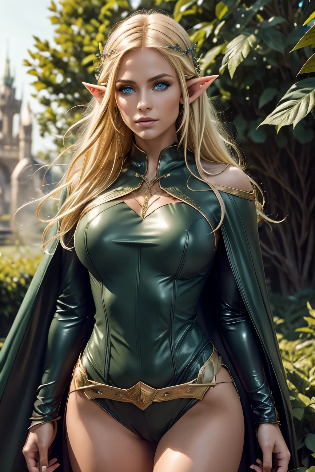 medieval setting, full view of body, (detailed elf ear, 1 woman, elven featured face, beautiful green eyes, blonde hair), leather armor, black leather pants, leather hooded cape,
