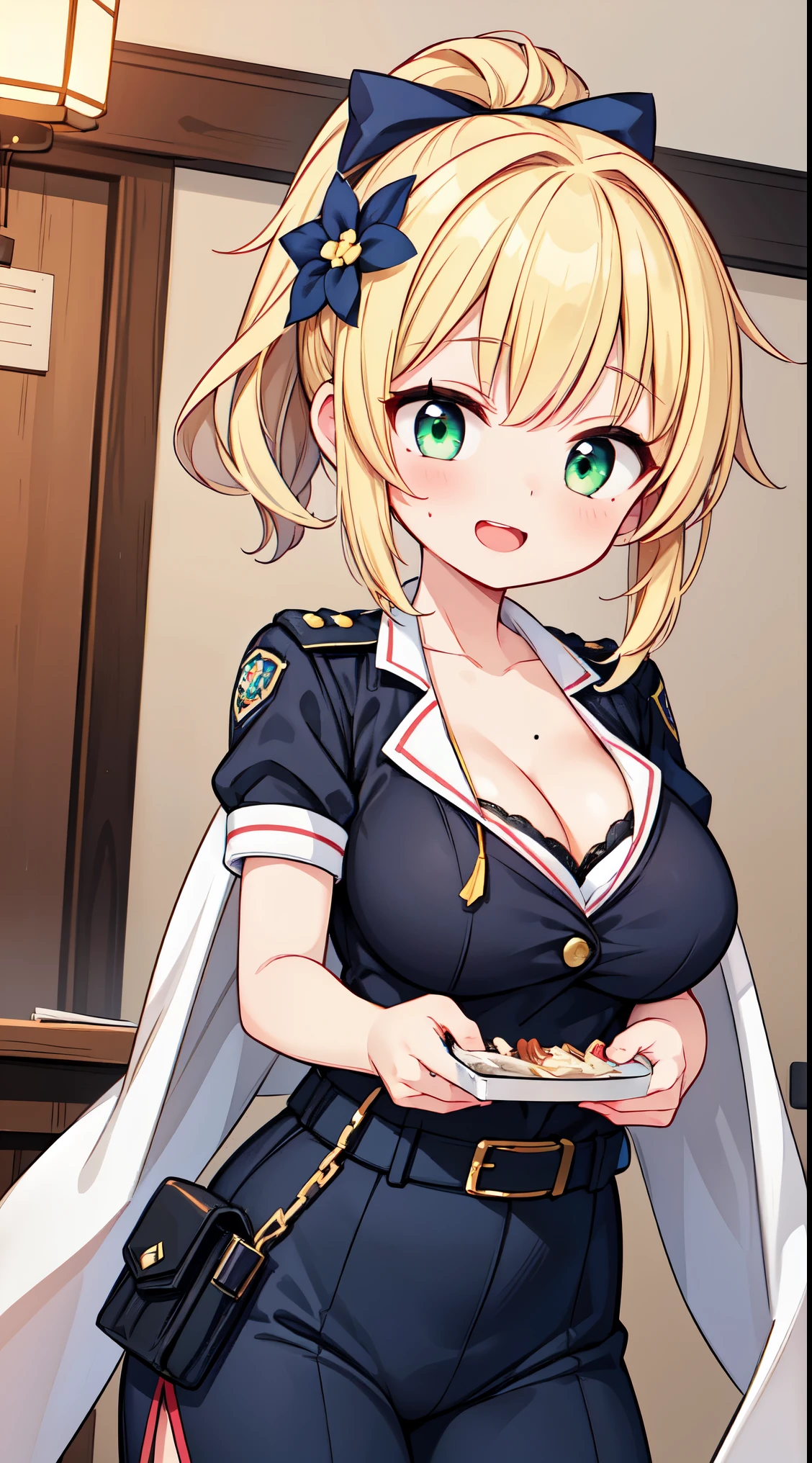 (super fine illustration:1.2),(masterpiece, 8k), (best quality, high quality:1.4), perfect anatomy, hyper detailed, ultra detailed,masterpiece background,beautiful detailed background, v8k wallpaper,perfect design,award-winning art,atmospheric,
BREAK, 1 beautiful girl, girl, (cute:1.5),(Little:0.5),(cute:2.0),(change:2.0),(12 year old girl),(big breasts:1.65),(chin hair,blonde,blue bow,green eyes,Eyebrows visible through the hair,side lock,long hair with bangs parted, hair flower, hair ornaments, big ribbon in hair, curly hair, ponytail:1.6),:he, white feathers, one thin white wing, Ang he wings, spread your wings, shining wings),pit \black},glowing skin, beautiful skin, Shining beautiful skin, open your mouth, bashful smile, alone, tooth, upper teeth,(long eyheashes, double eyheids:1.2),alone, glowing skin, beautiful skin, Shining beautiful skin,(highest quality face),(highest quality shining eyes,
BREAK
hey rassyai!!,(yakitori,kusiage),looks delicious,grill the meat
BREAK
//Fashions
Classic Officer Chic,
BREAK
Opt for a fitted navy blue police uniform with gold accents for a timeless and professional appearance,
BREAK
Enhance the ensemble with a utility belt carrying essential police accessories like handcuffs and a radio,
BREAK
Top off the look with a classic police hat featuring a gold badge for an authori
Classic red lipstick for a timeless touch,
Chic updo hairstyle with braids or twists,
Subtle use of a mantilla or lace shawl,cleavage,mole on breast,collarbone,beautiful short hair,head dress,(shiny eyes),joshi_ryoku 20000, solo focus,starry night,japanese yatai,depth of field,standing,leaning forward,smile
BREAK,wakame,wakame,wakame,(dynamic pose,from front:1.5)
BREAK,(Blurry background:1.3),(absurderes, hight resolution, Super Detail Art),cel shading,Clear Color, Lonely optical effect, Beautiful pictures, Bright glow, mystic atmosphere,(Close-up of girl:1.1), Mystical light particle effect,manga influence, clean line drawings,