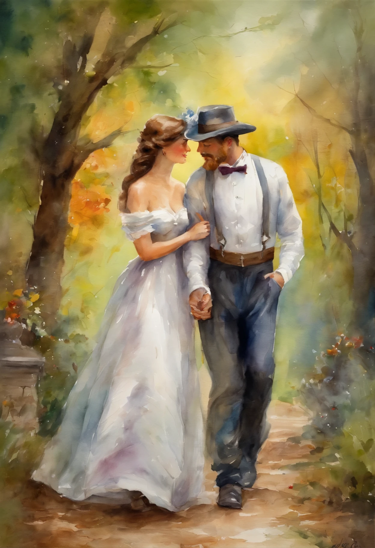 bright colors, walk in the park, A heartwarming moment between two lovers. Their tender gestures reflect the sweet melody of a budding love affair... Victorian era style